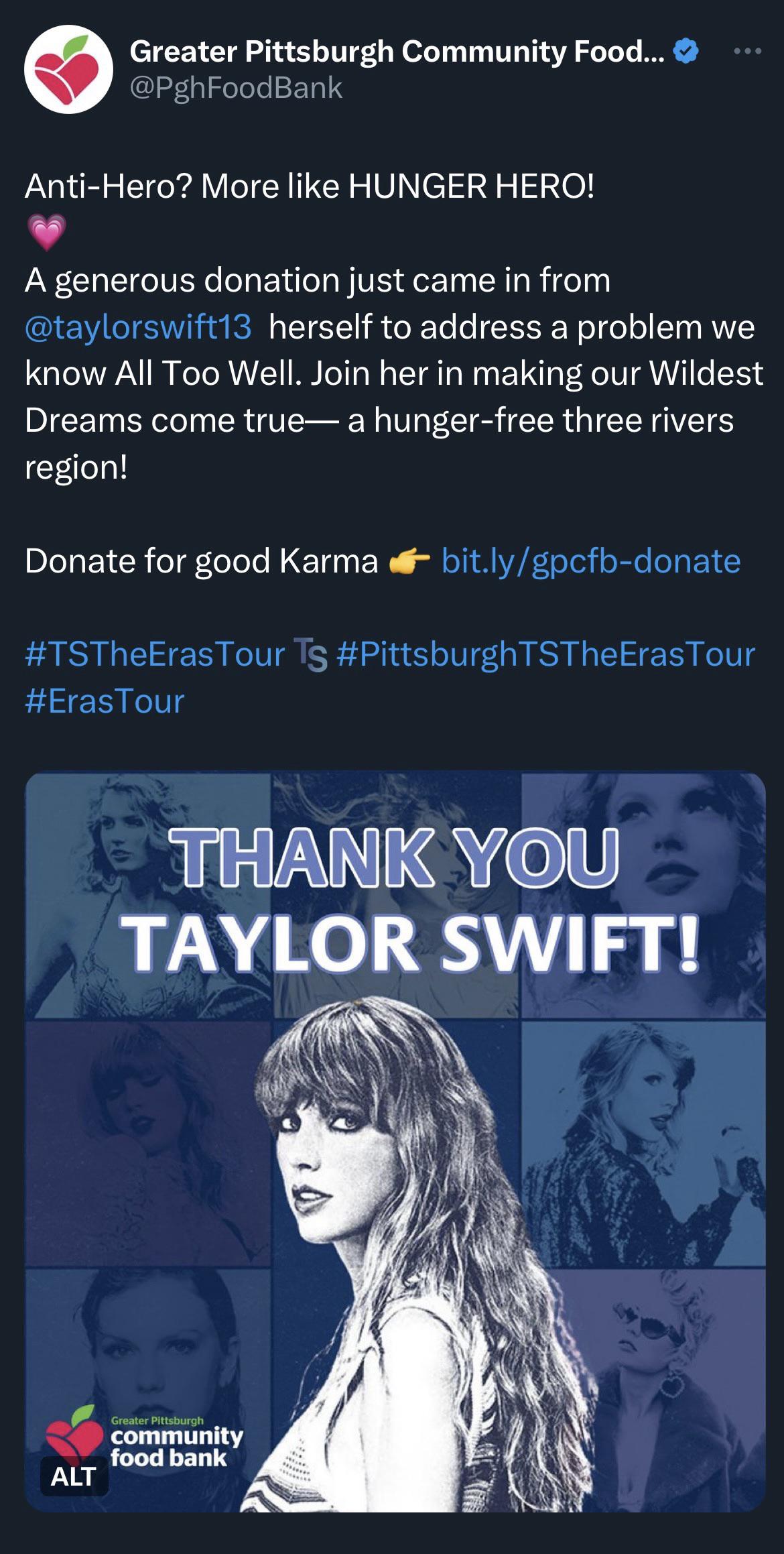 Taylor continues to donate to food banks as she travels for The Eras