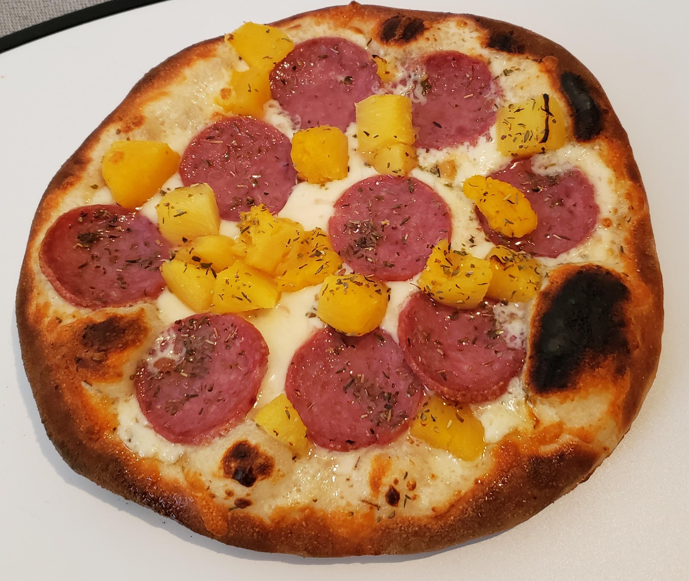 Homemade hungarian salami and pineapple white pizza for dinner tonight