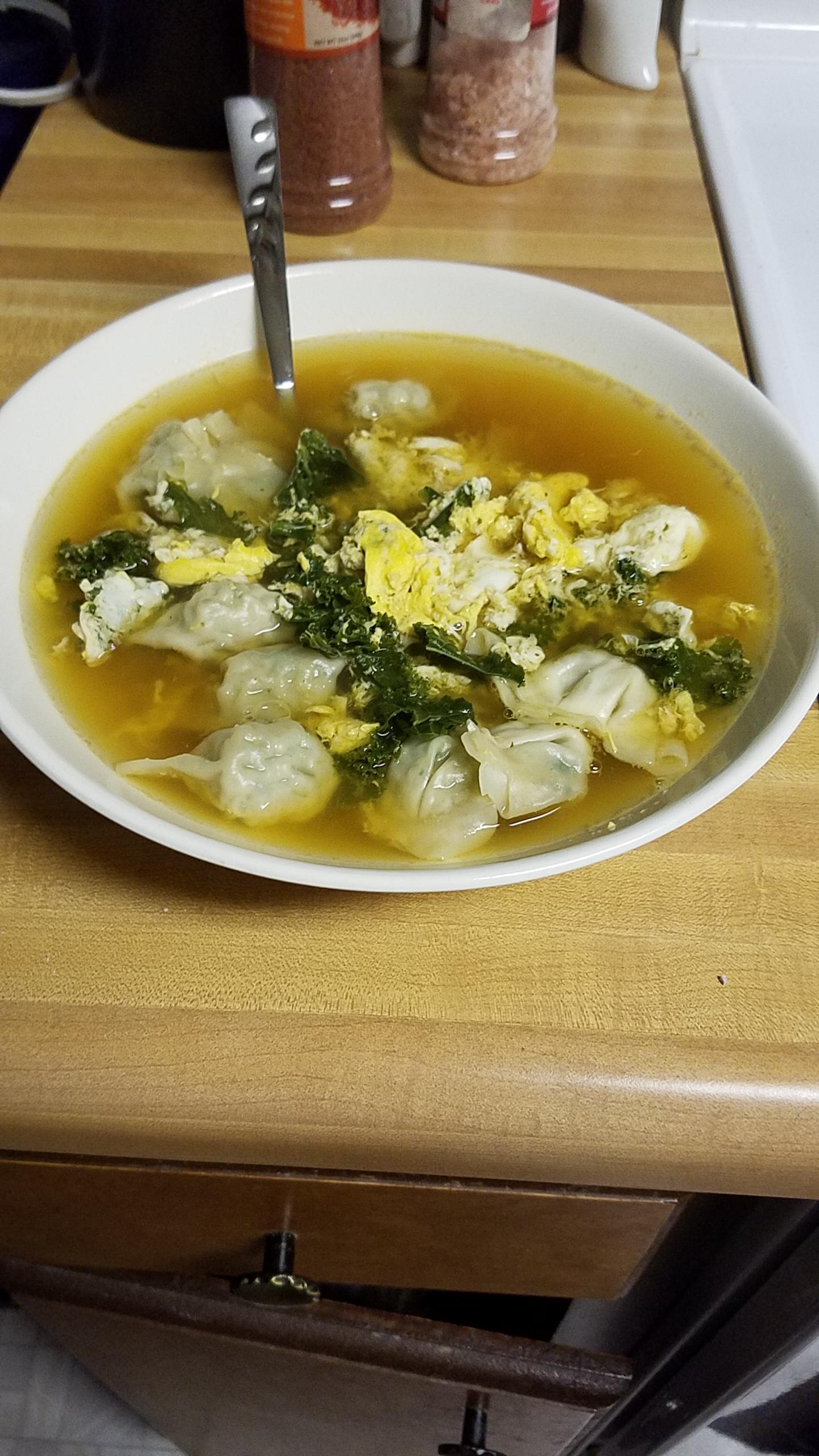 350 calorie eggdrop wonton soup, recipe in comments 1500isplenty