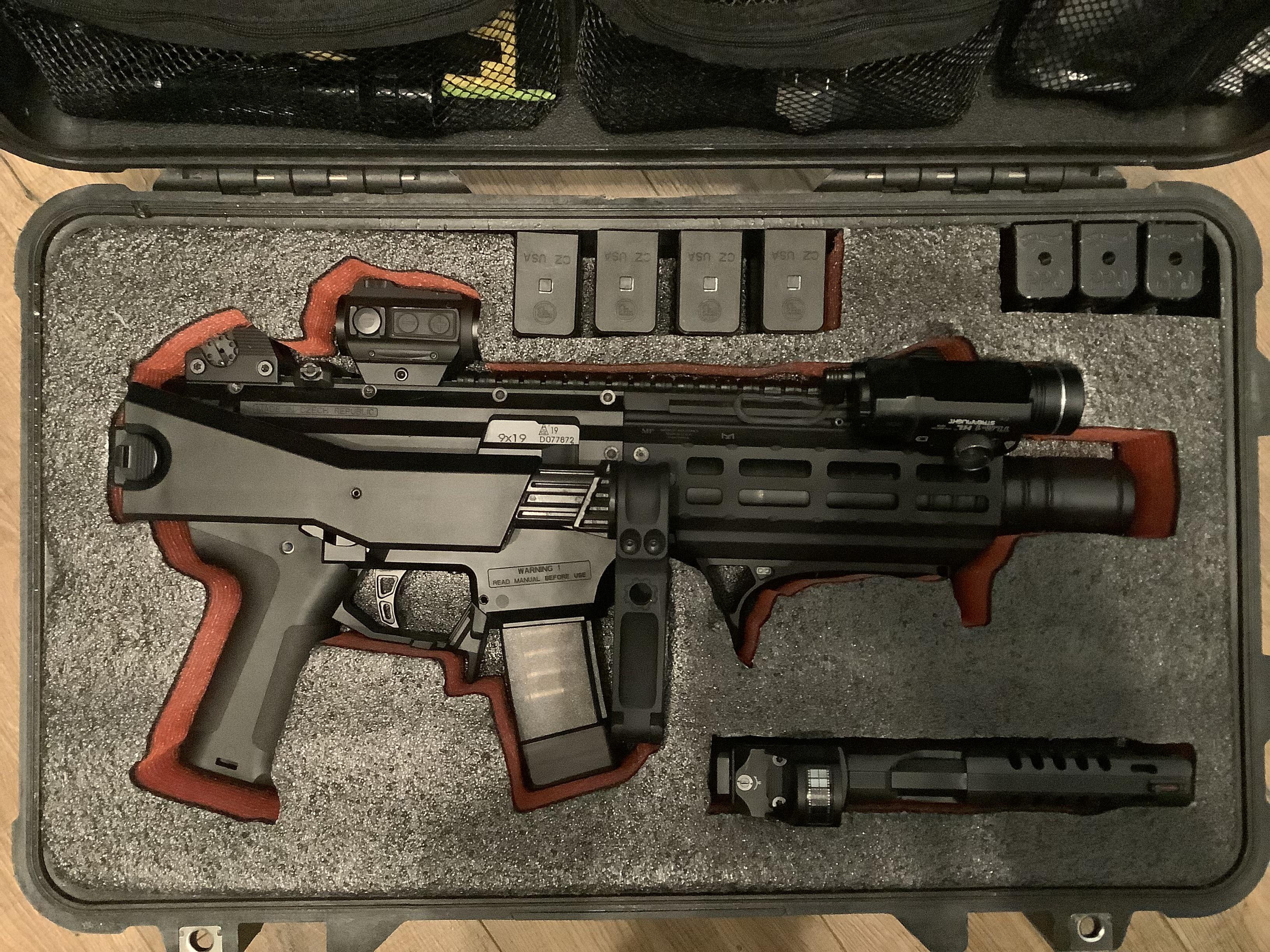 Pelican 1510 case fits a folding stock Scorpion with a 6.75” hand guard and a 5” pistol very