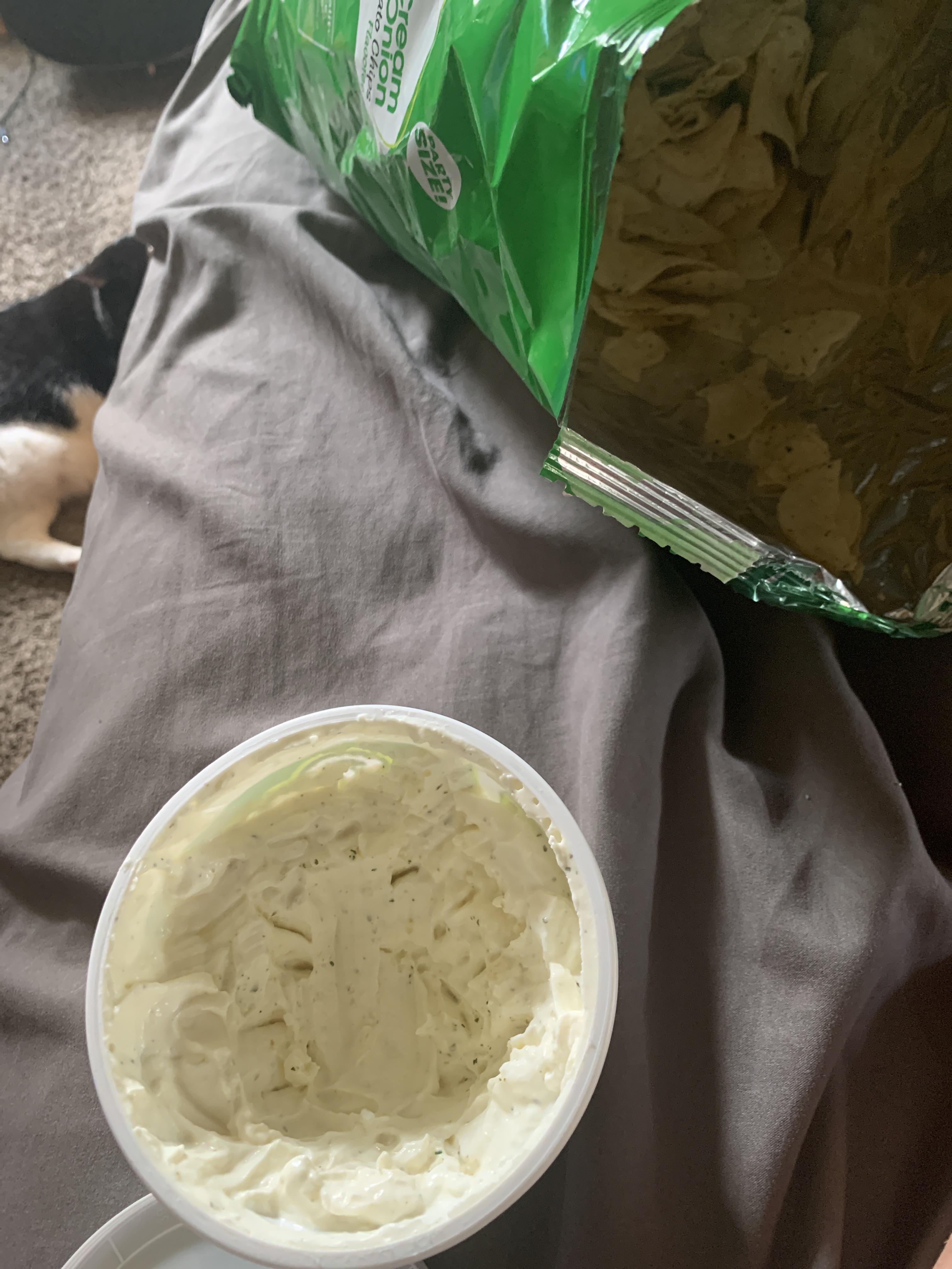 Half a bag of chips and some French onion dip in bed as soon as I woke