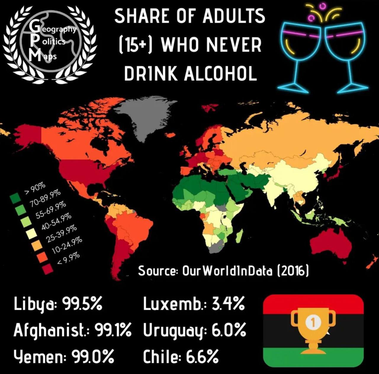Share of adults (15+) who never drink alcohol MapPorn
