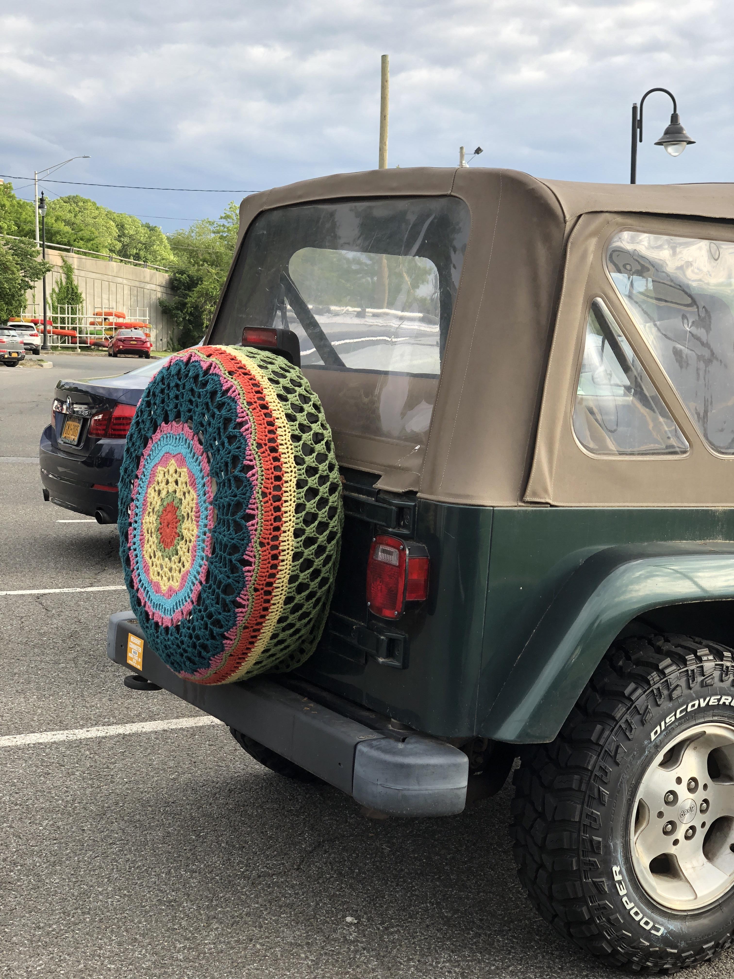 This crocheted jeep tire cover. mildlyinteresting