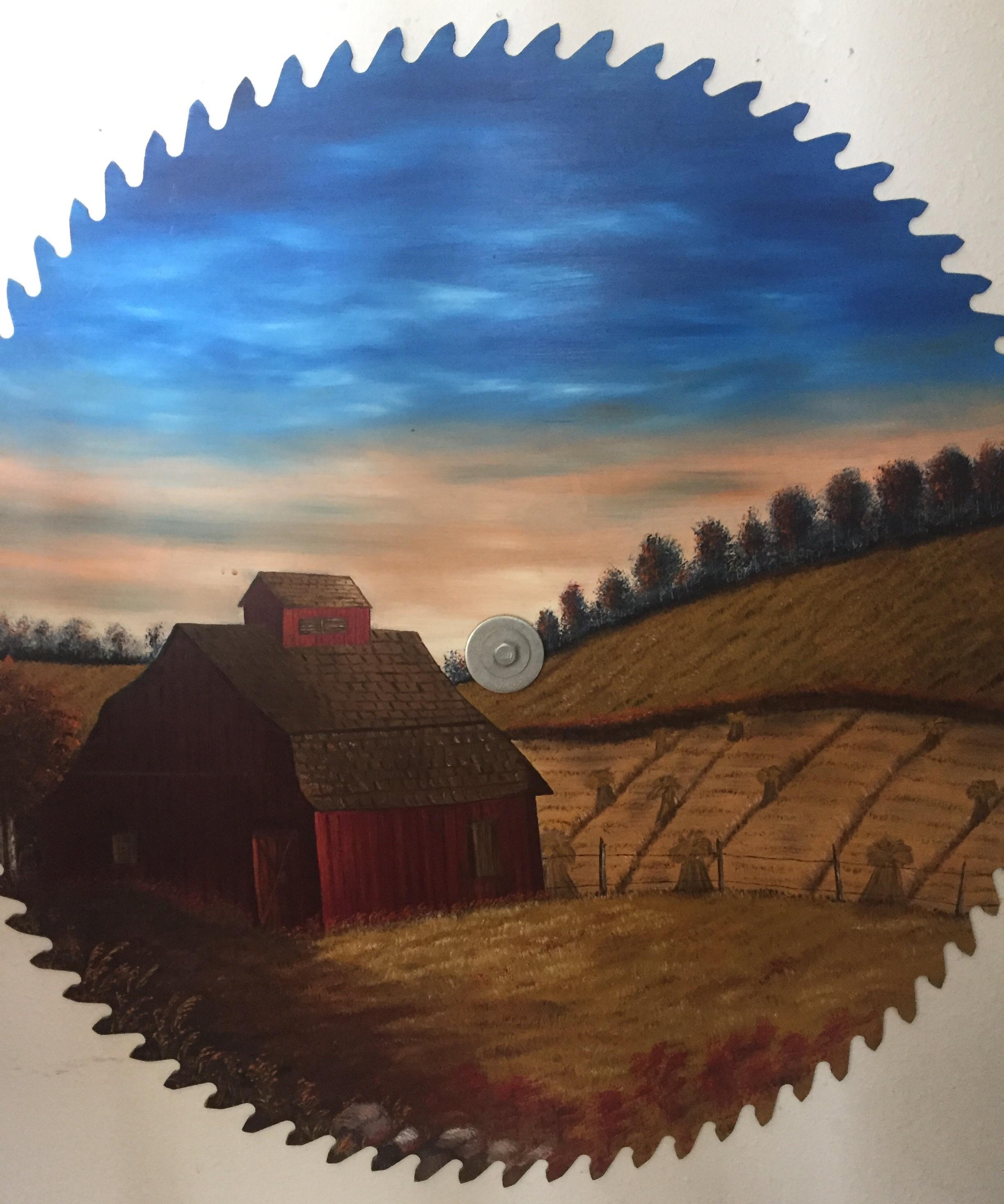 A Farm Scene Oil on metal saw blade r/painting