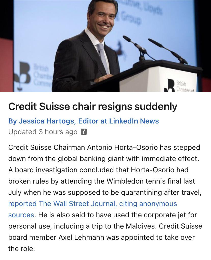 Credit Suisse Chair resigns because….he attended a tennis match….right