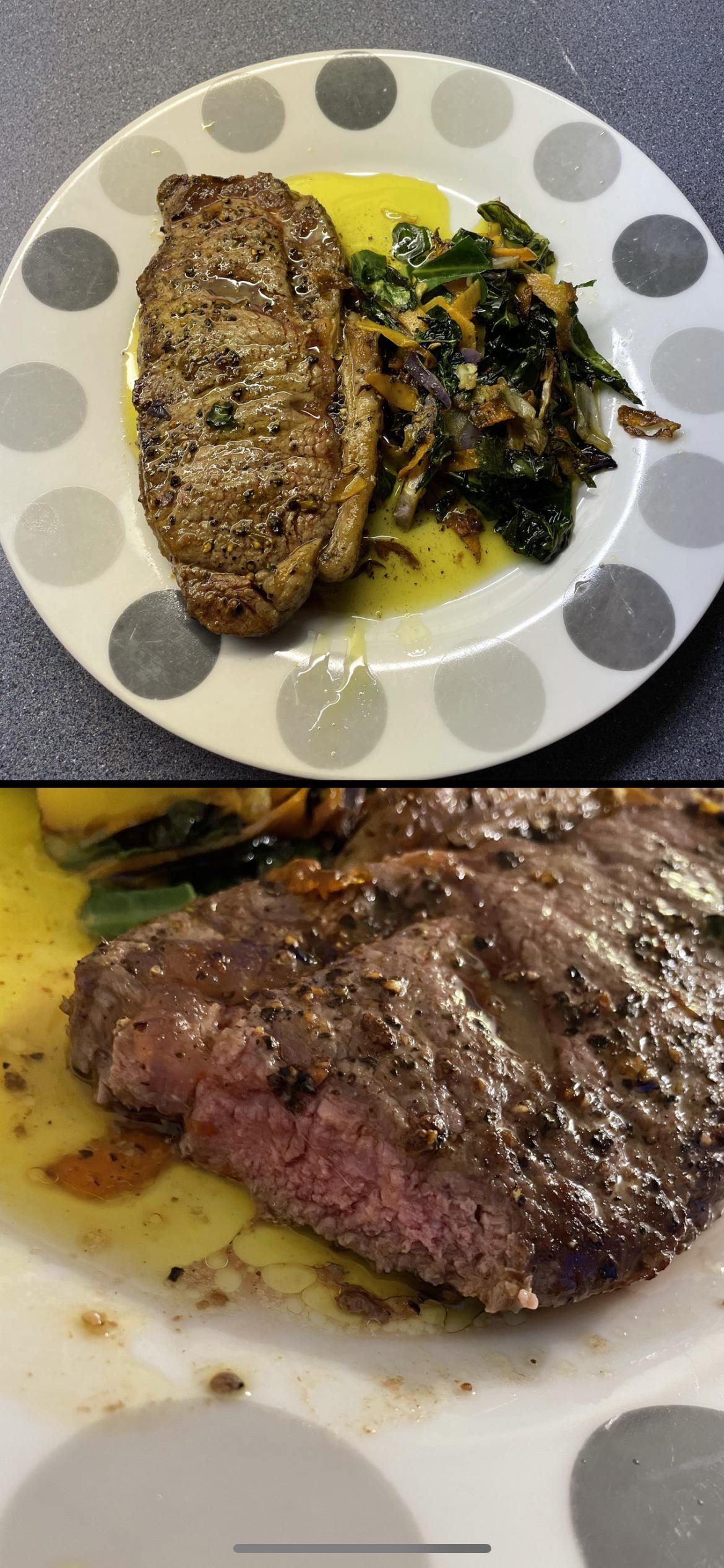 Lovely seasoned sirloin steak (medium rare) cooked in butter. Served