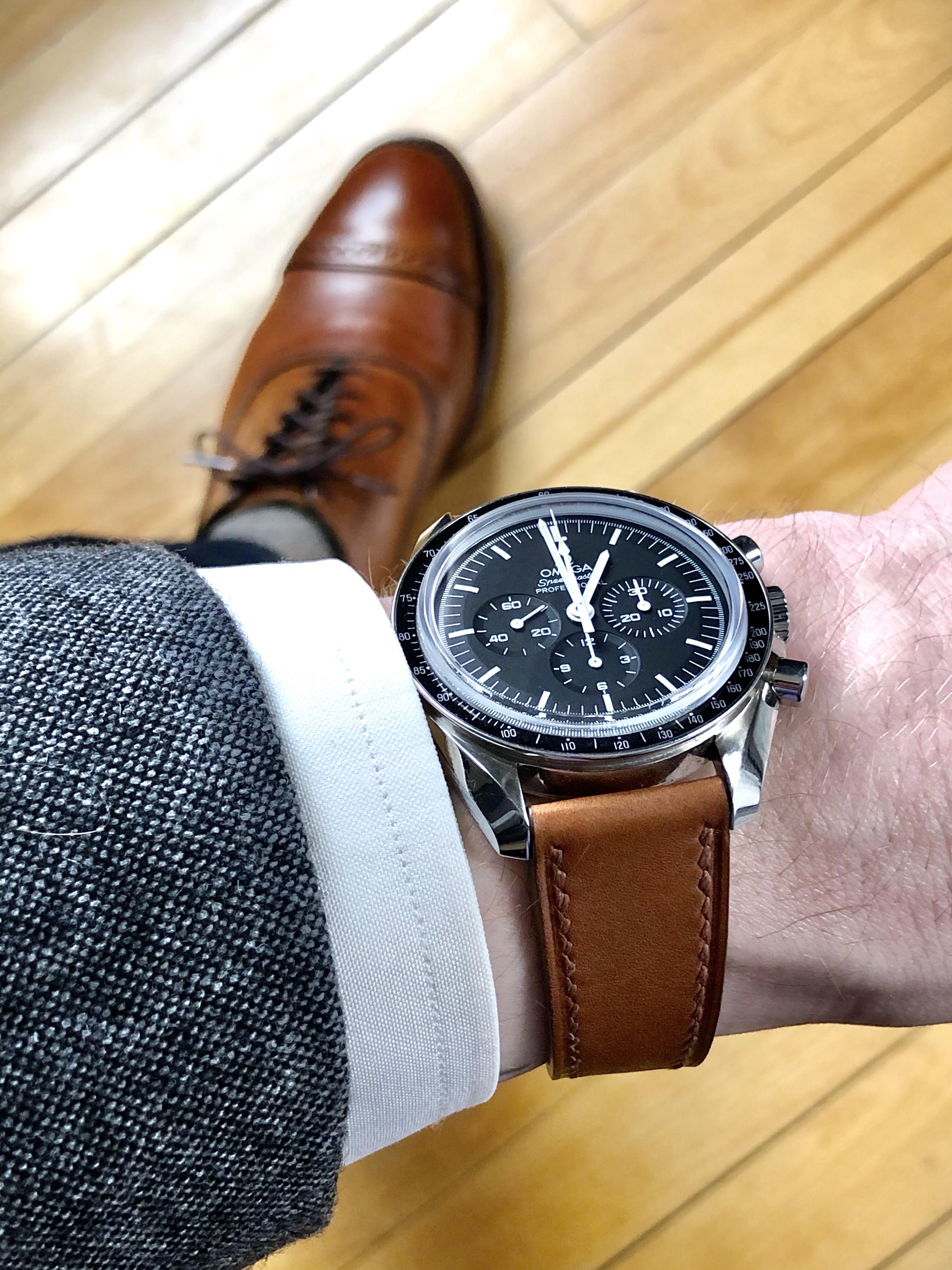 [Omega] Speedmaster on a custom leather strap, matched to my favorite