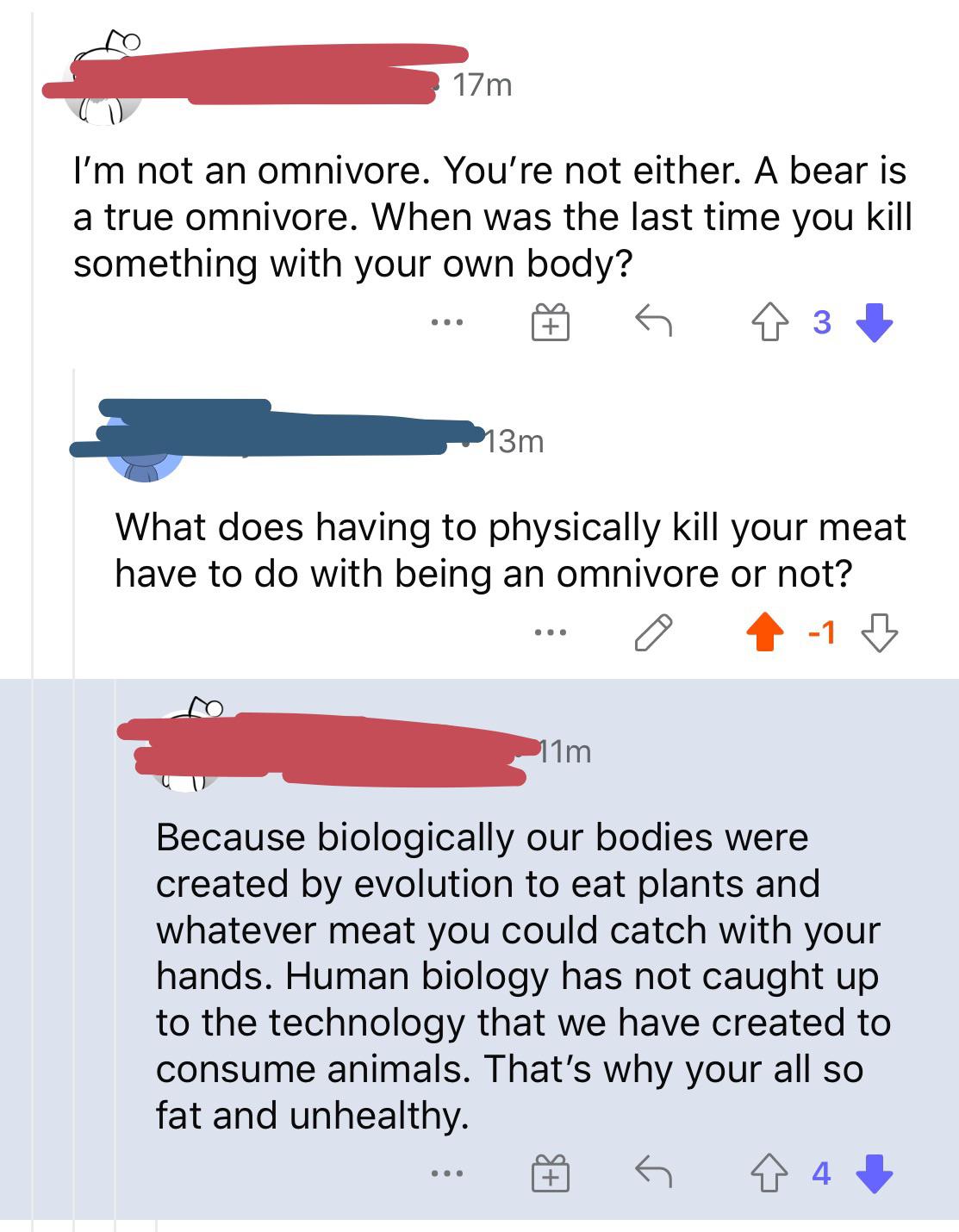 Vegan tries to prove humans aren’t omnivores by explaining that we