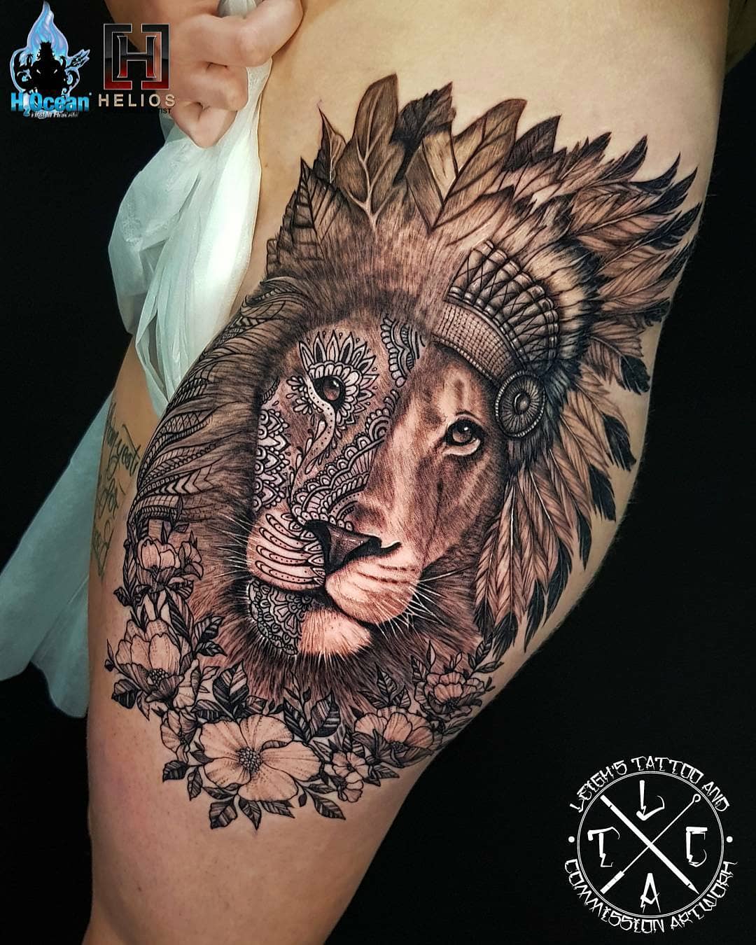 Half face lion thigh piece. Completed by myself insta leigh_tattoos