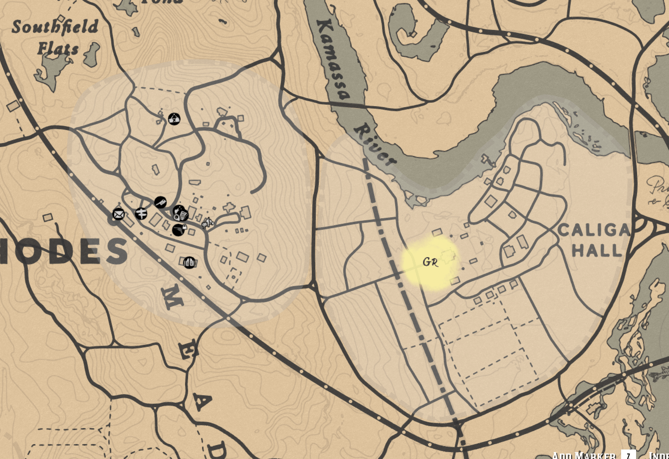What are the dotted light grey lines around Rhodes and Caliga Hall? I