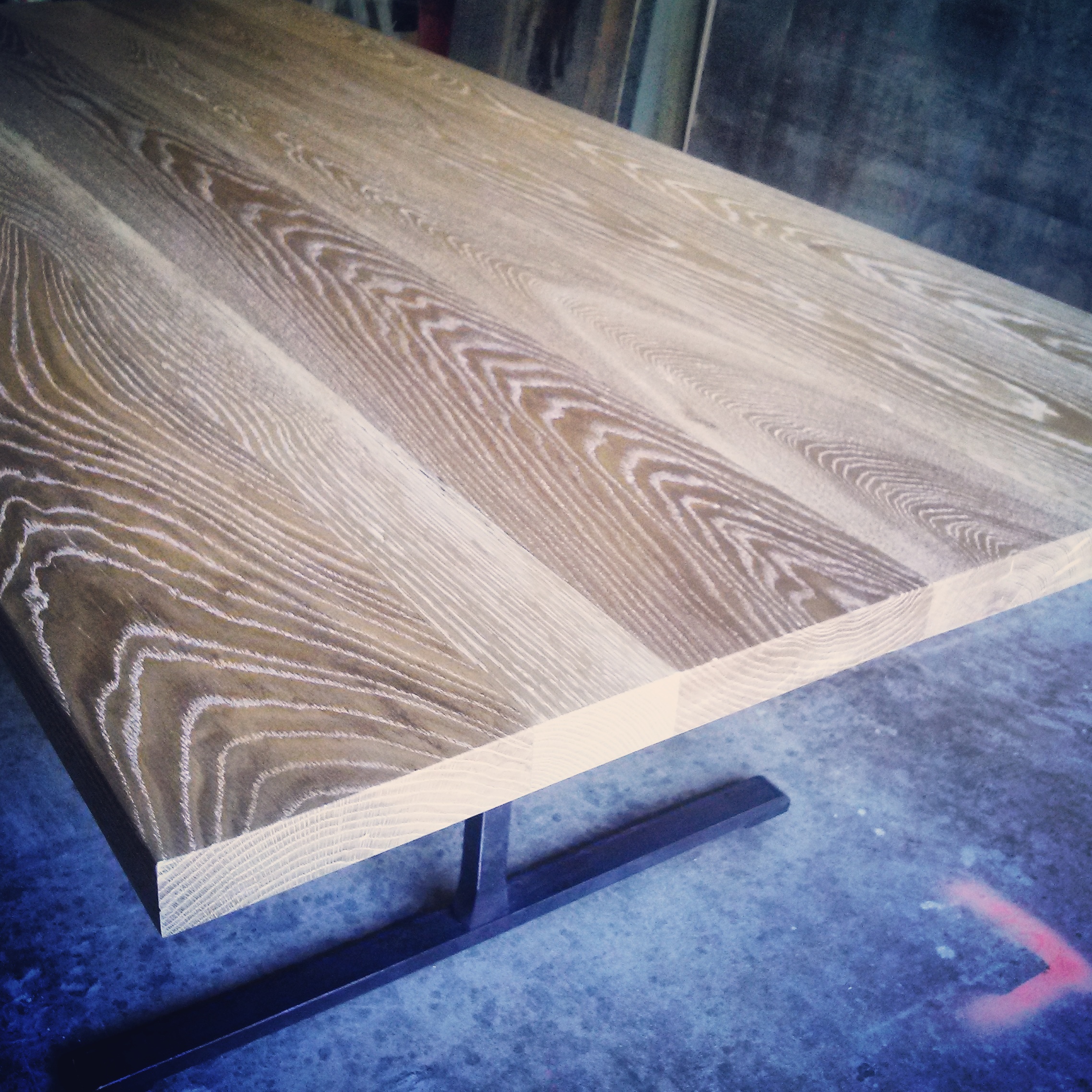 Cerused white oak dining table with industrial steel legs r/woodworking