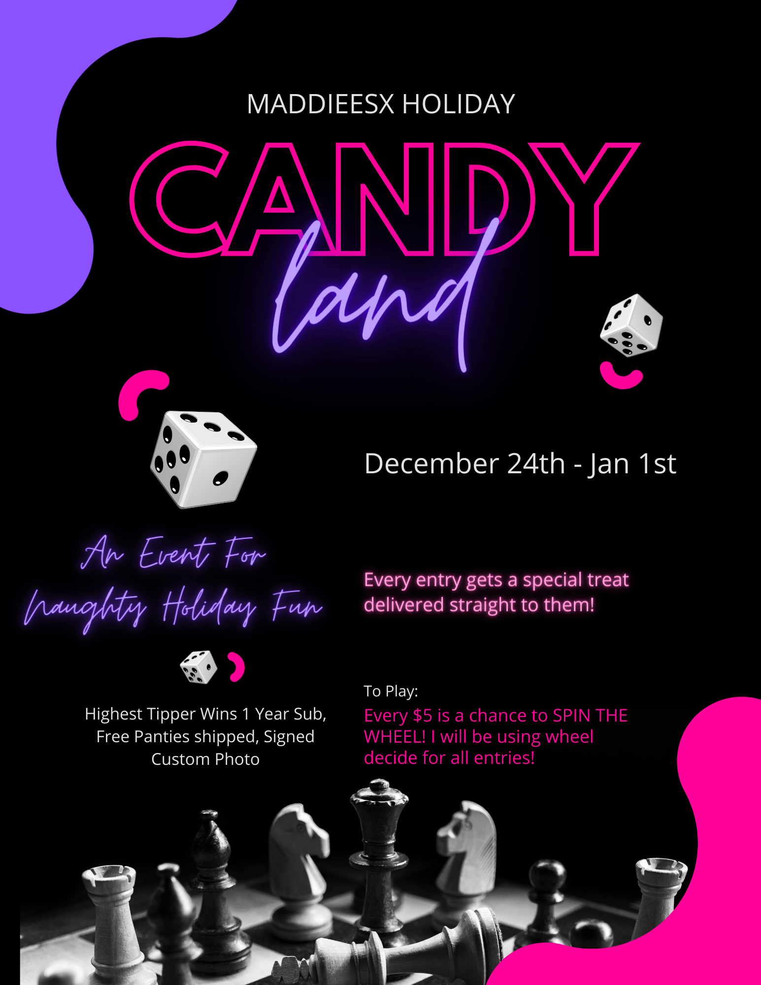 From NOW until JAN 1st! Come to my Onlyfans and Play Maddy's Candy Land Wheel of Spins