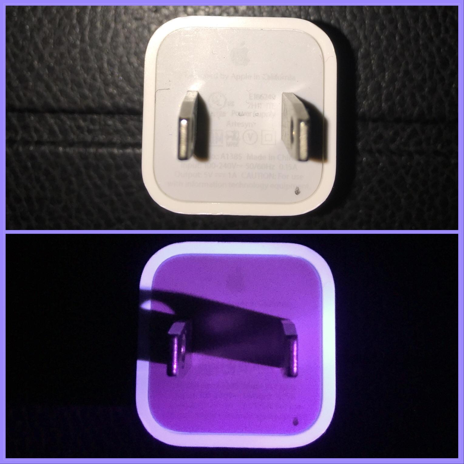 iPhone charger turns pink under black light ¯\_(ツ)_/¯ give it a try