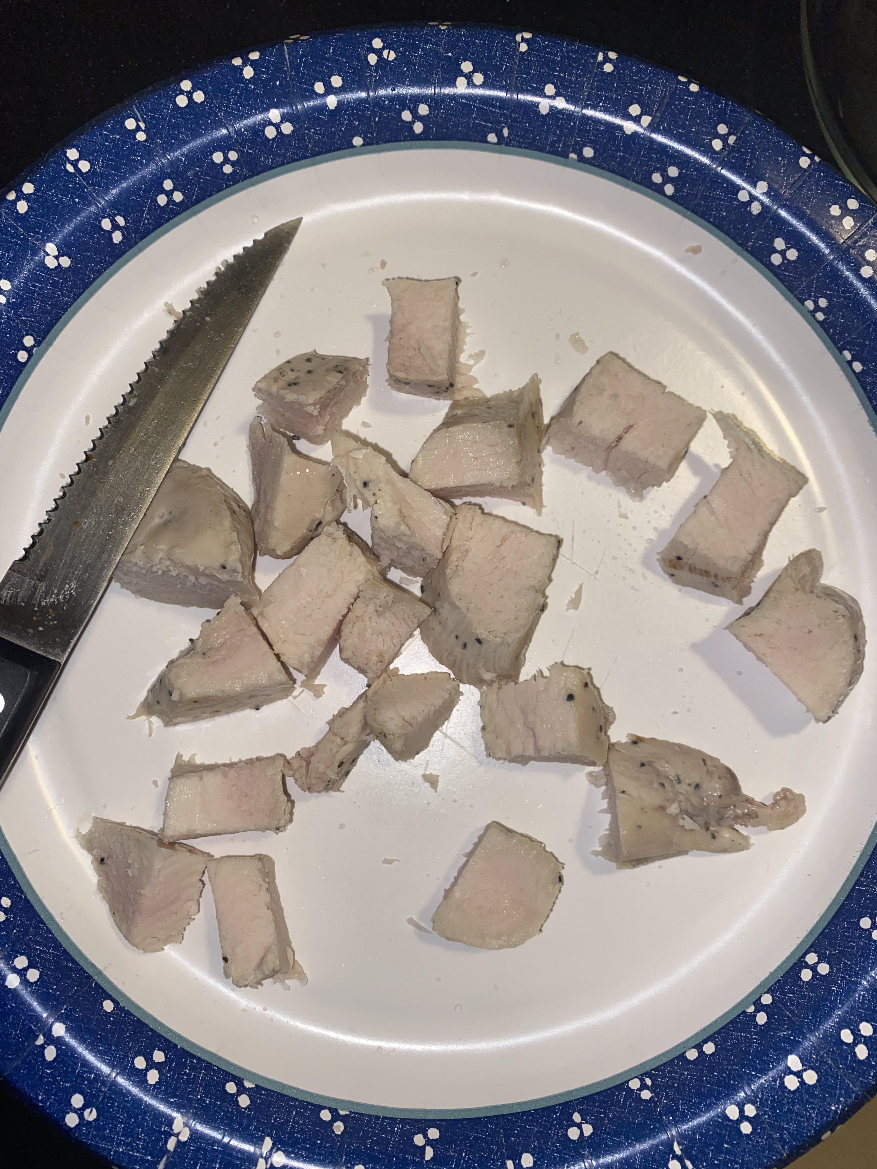 I bought precooked chicken breast from TJ and am cutting it up for my