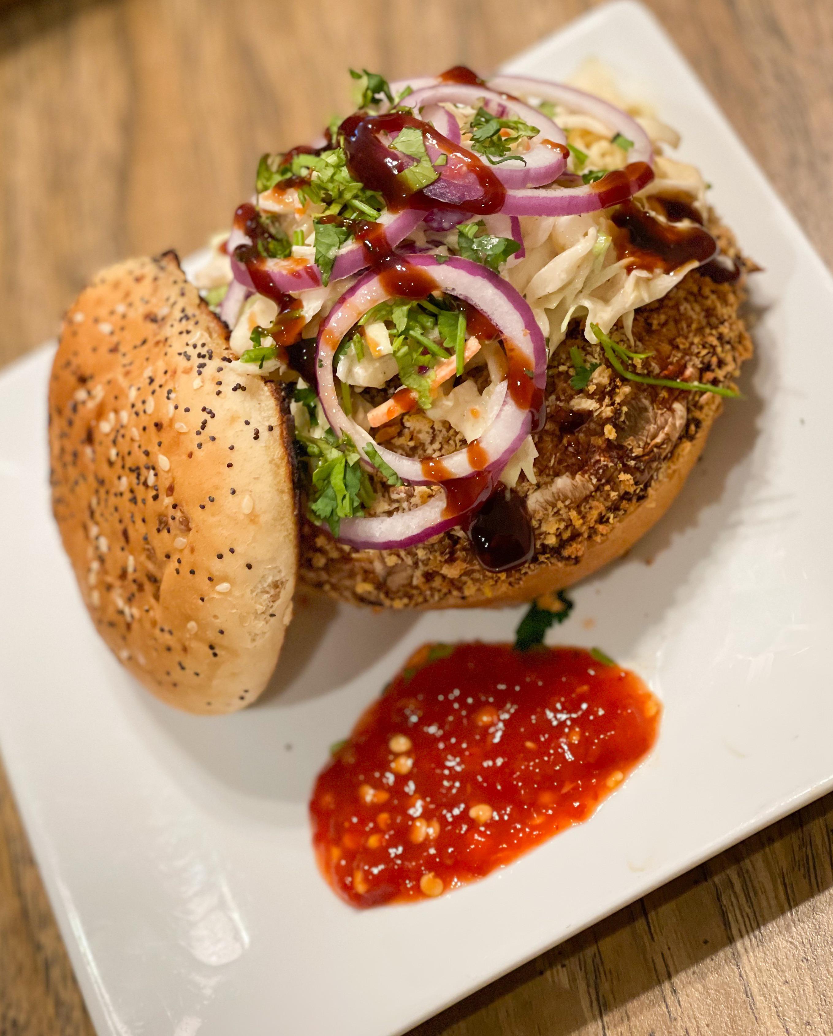 Panko crusted portobello burgers with Asian slaw, red onion, hoisin