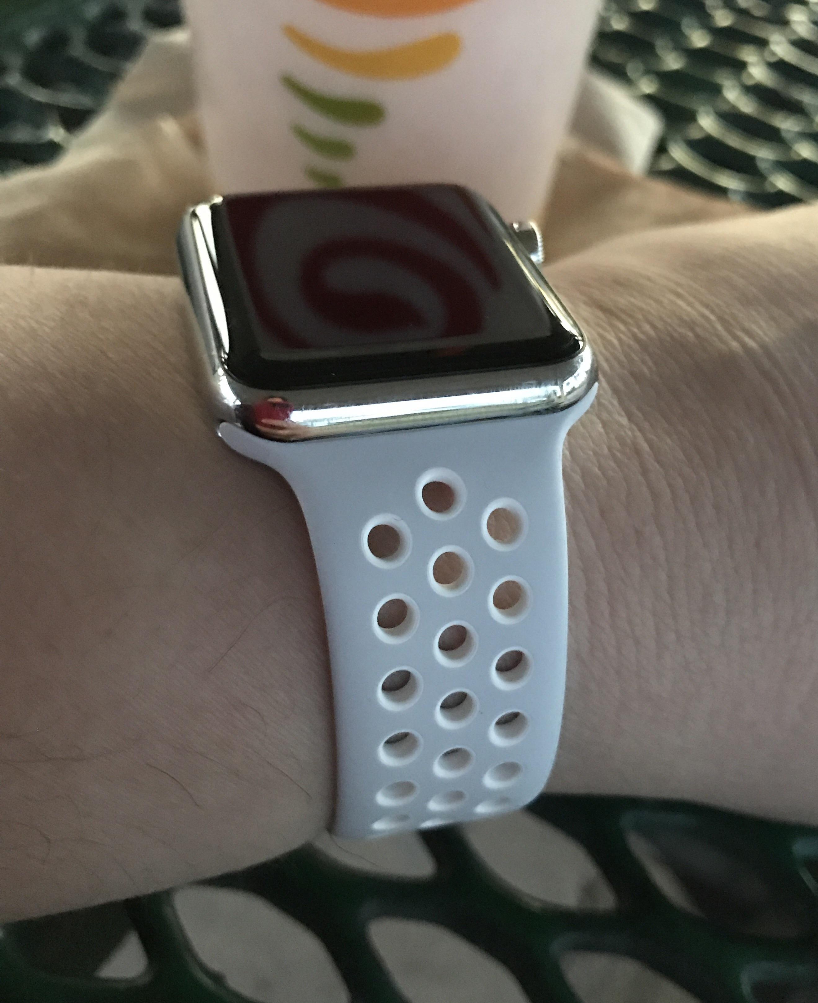 A Stainless Steel (SS) Apple Watch with a Platinum/White