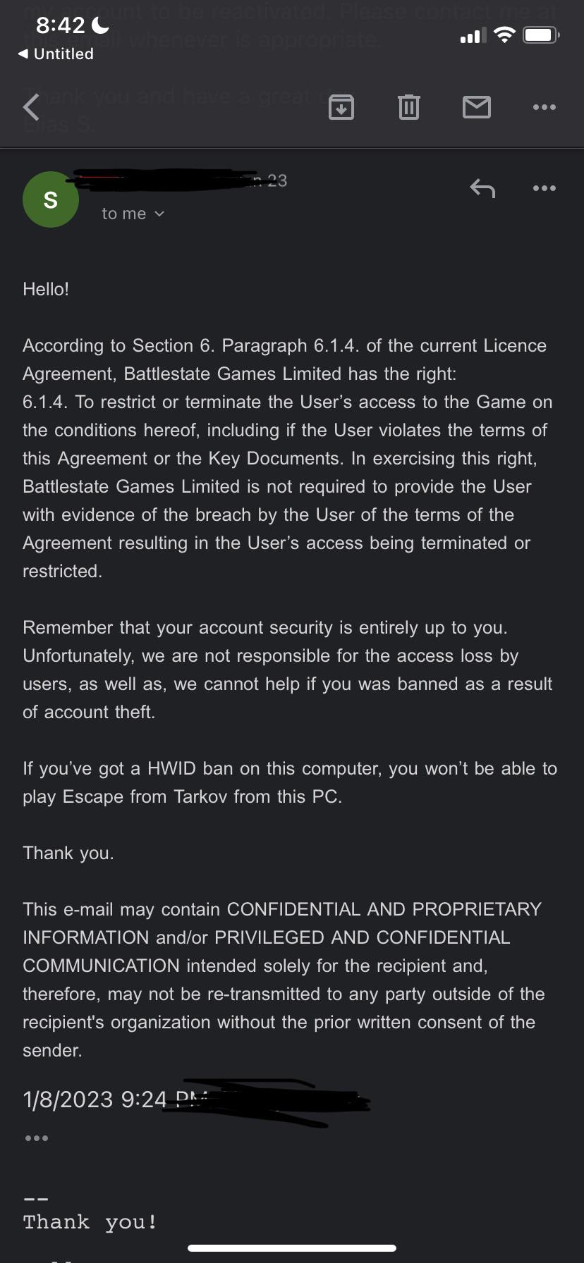 Feel wronged by Customer Support (more in comments) r/Tarkov