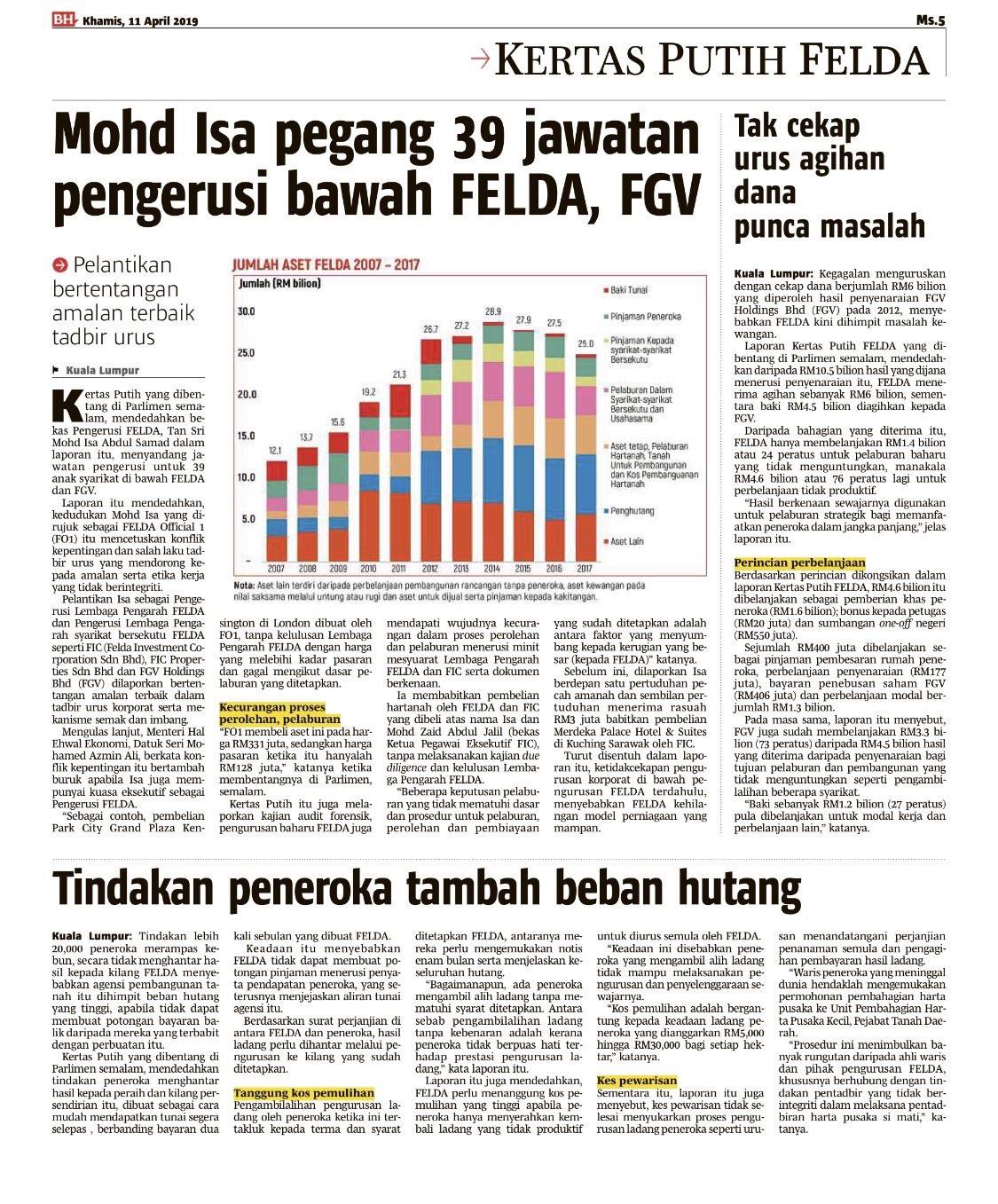 Kertas Putih FELDA Mohd Isa Pegang 39 Jawatan Pengerusi