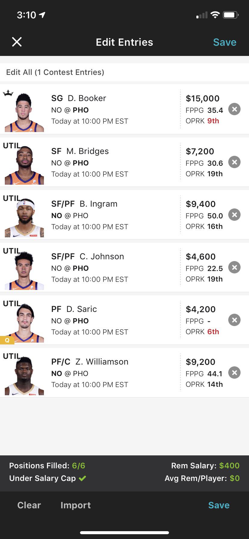 Draft kings 1 game lineup tonight what do you guys think r/suns