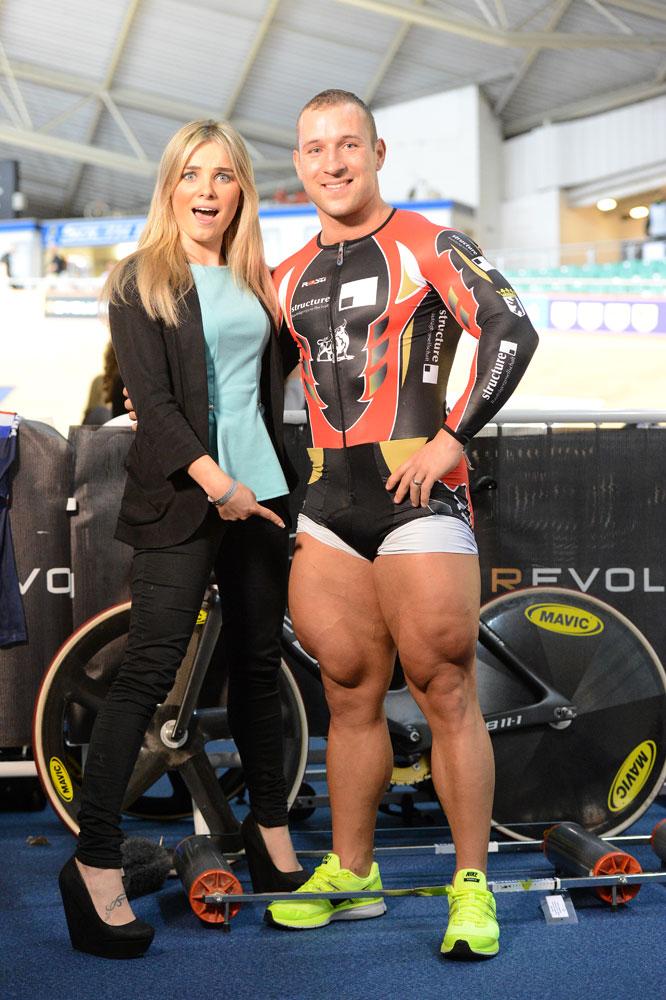 PsBattle A Woman Pointing at A Track Cyclist's Massive Legs. r
