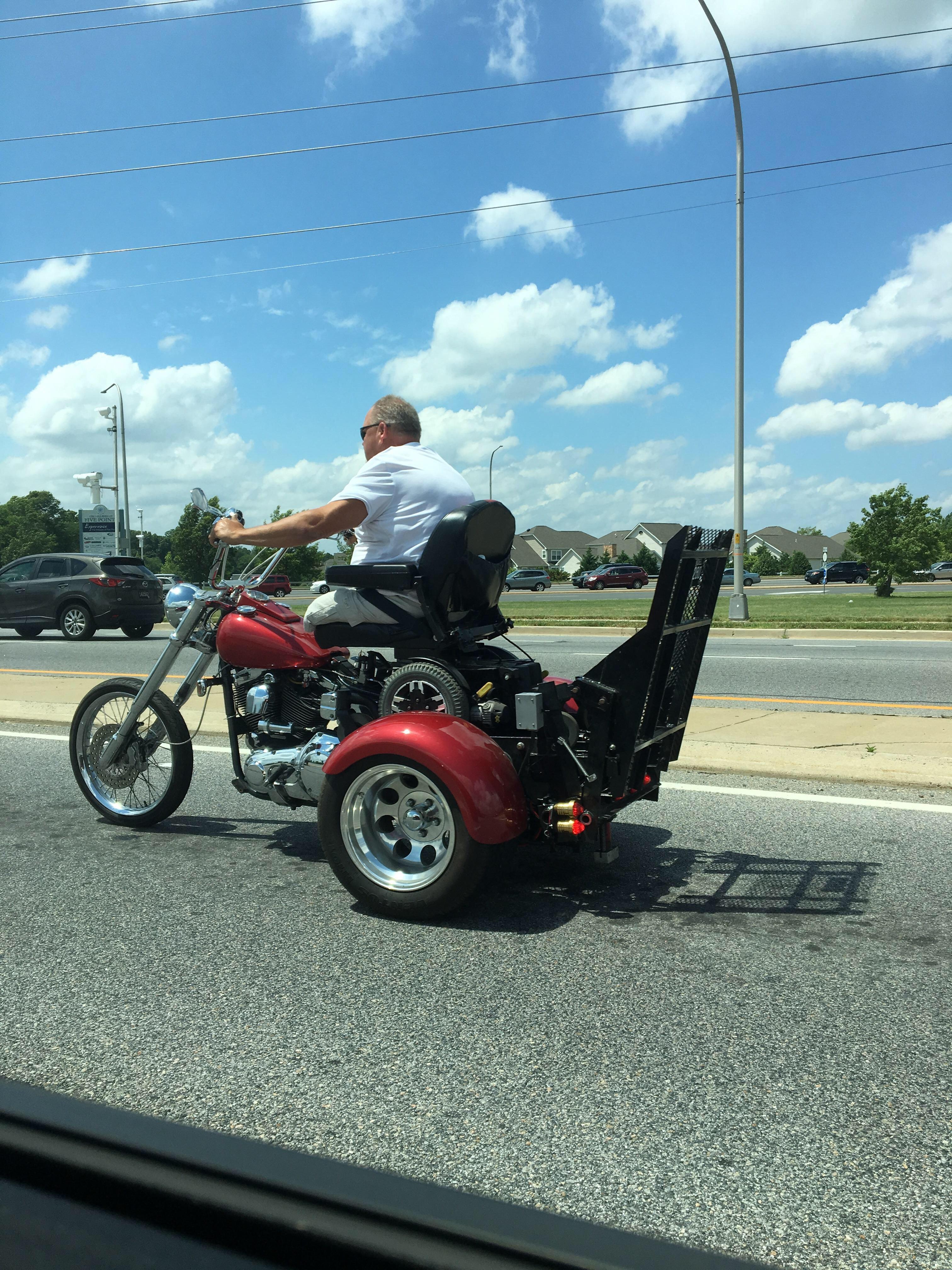 This custom trike allows the legless rider to live out his dream. r