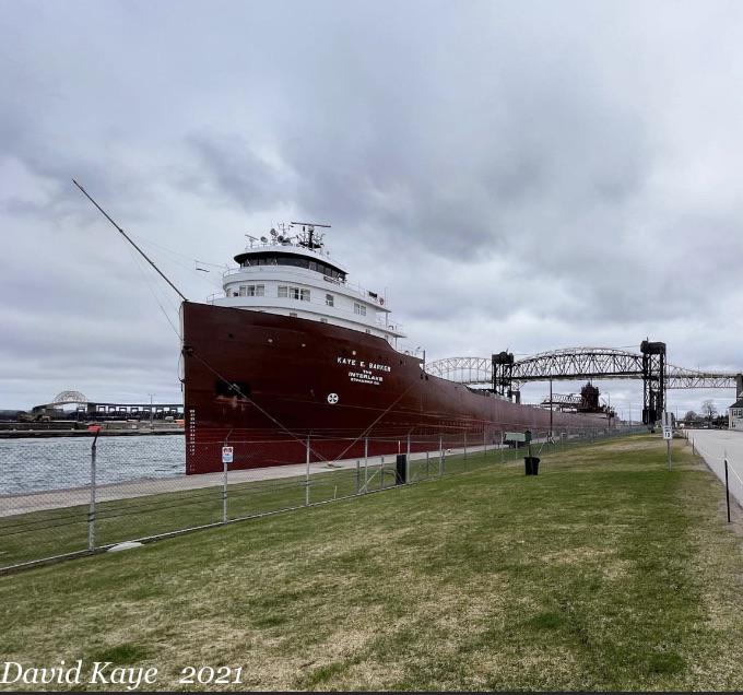 M/V Kaye E. Barker along the south wall of the Soo Lock Canal’s West