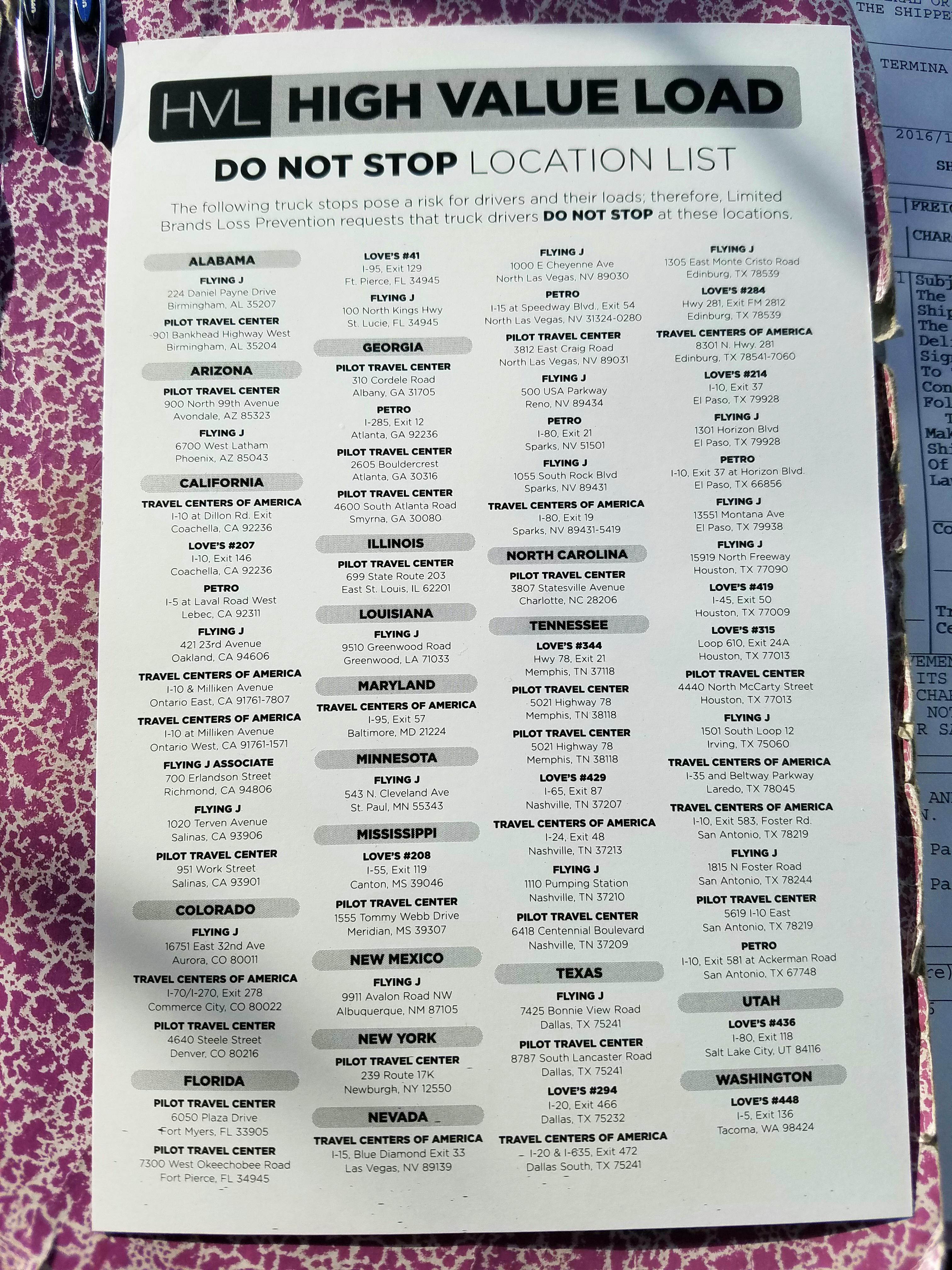 Found my old, high value and off limits truck stop list. How many of