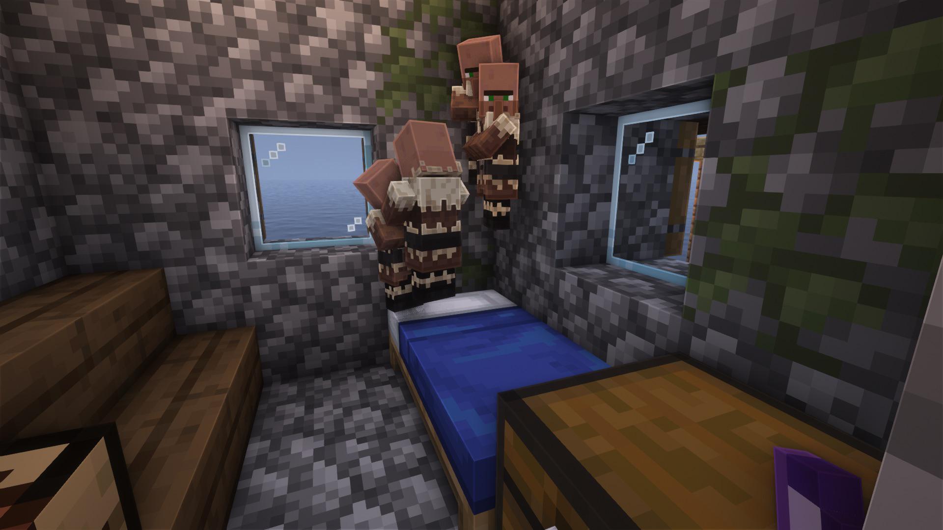 4 baby villagers jumping on a bed r/MinecraftJava