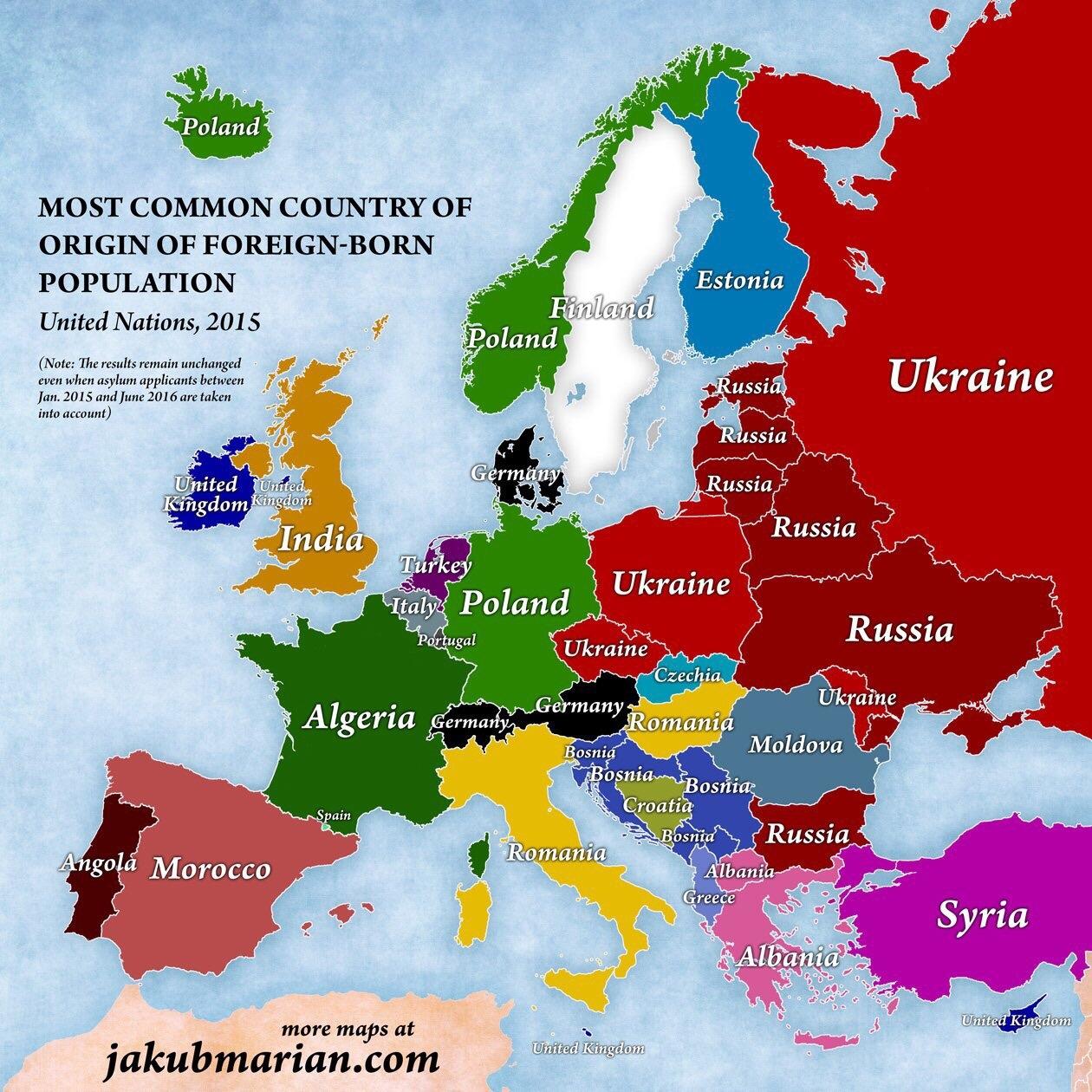 Most common country of origin of foreignborn population r/europe