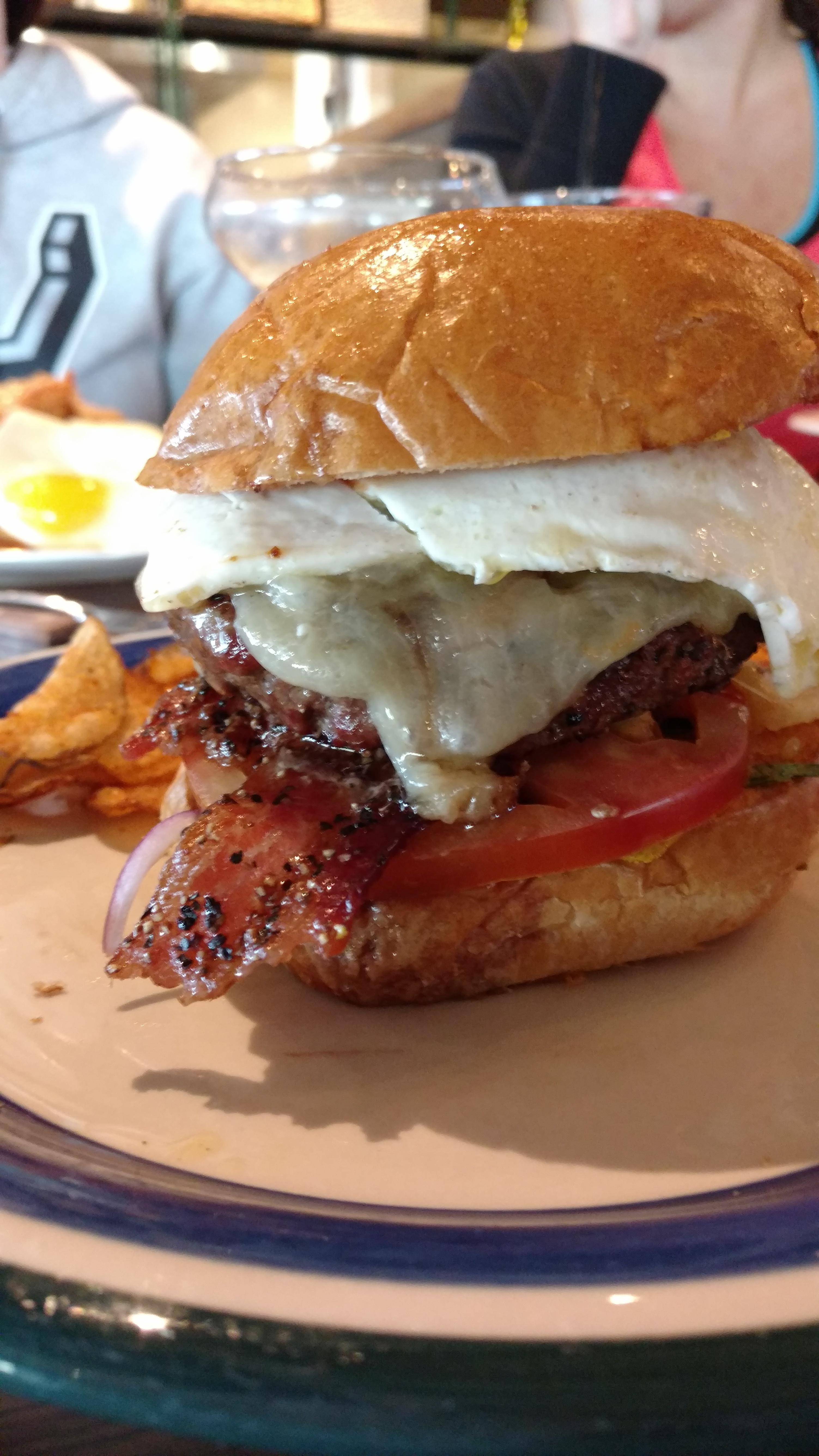 "Hangover Burger" Brisket burger, roasted red pepper aioli, LTO, white