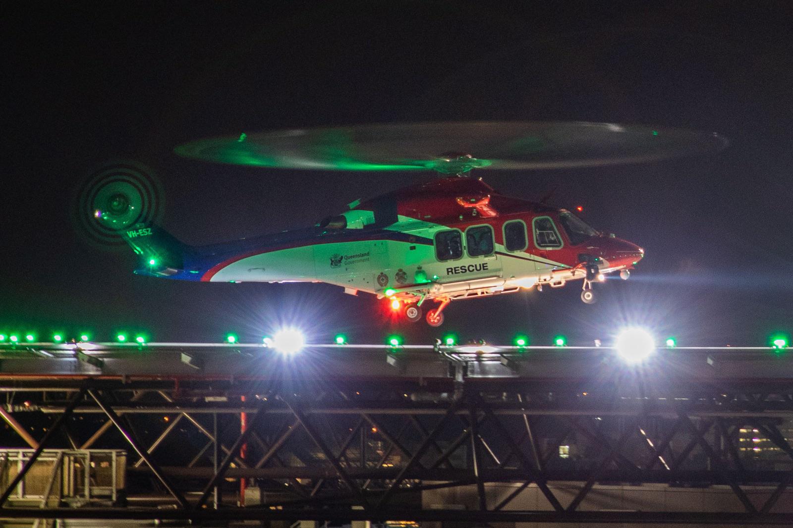 AW139 Rescue helicopter landing at Queensland Children’s Hospital last