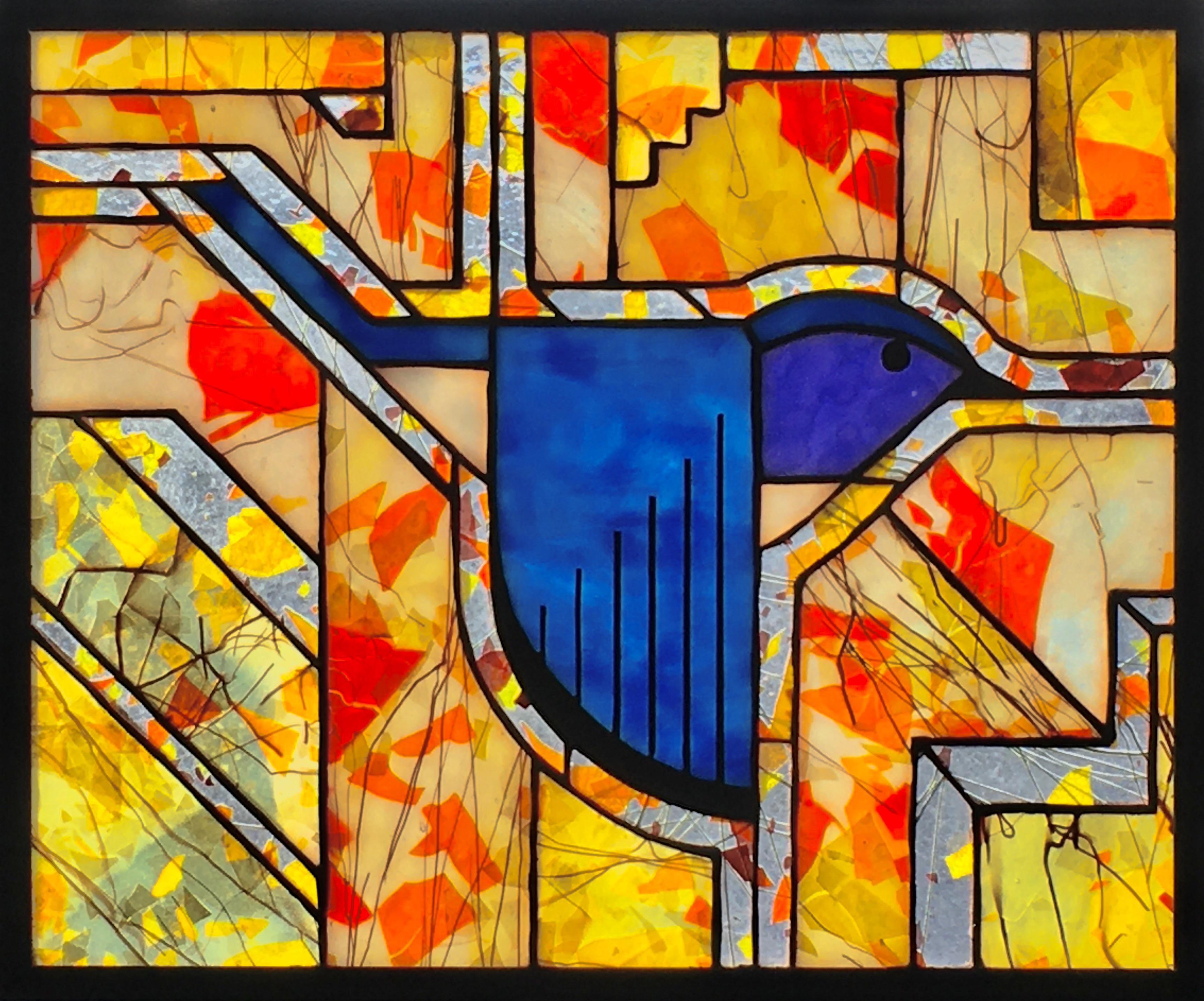 Here’s a fun Charley Harper stained glass mountain bluebird. It’s part