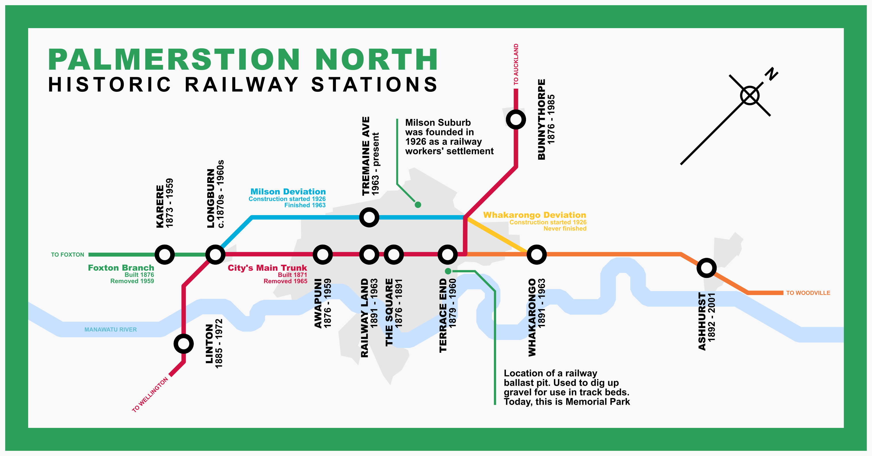 A metrostyle map of Palmerston North's historic railway lines and