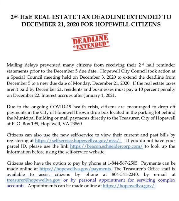 Hopewell Real Estate Tax Due 12/21/2020. r/VATriCities