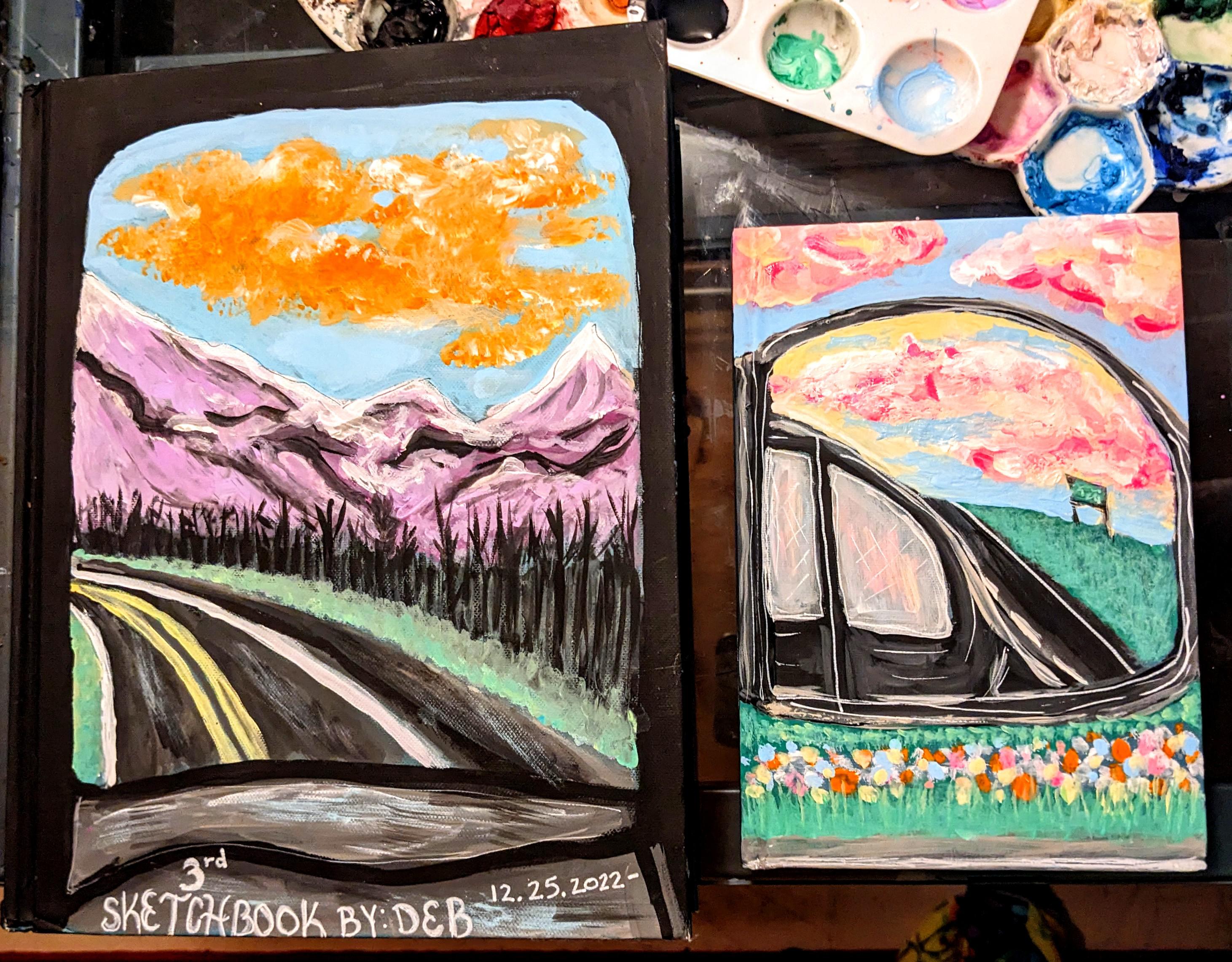 sketchbook covers painted in acrylic, views through car windows. r