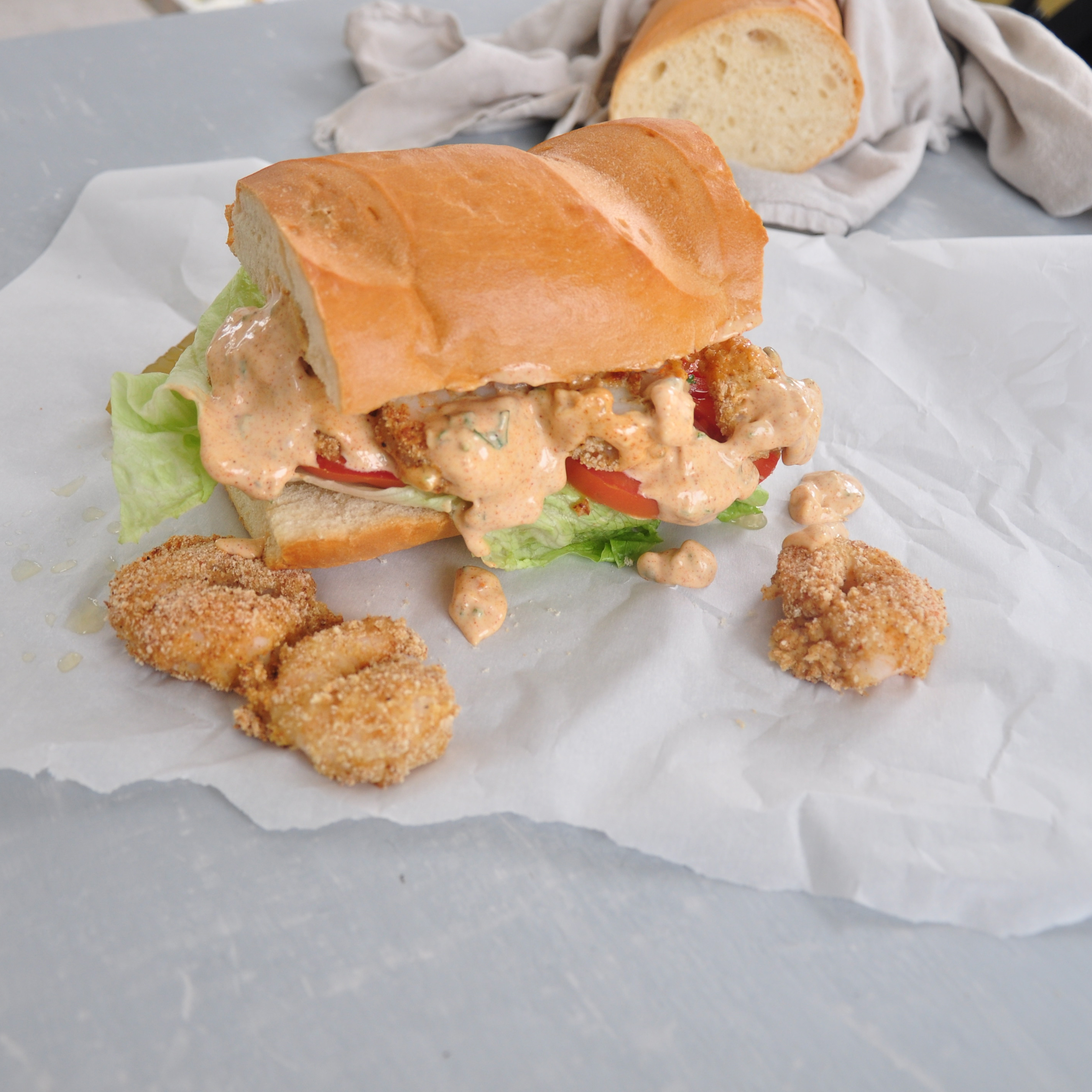 [Homemade] Baked Shrimp Po’ Boy With Remoulade Sauce r/food