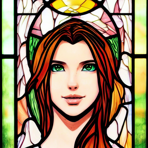 stained glass window representing Aerith, fantasy, highly detailed