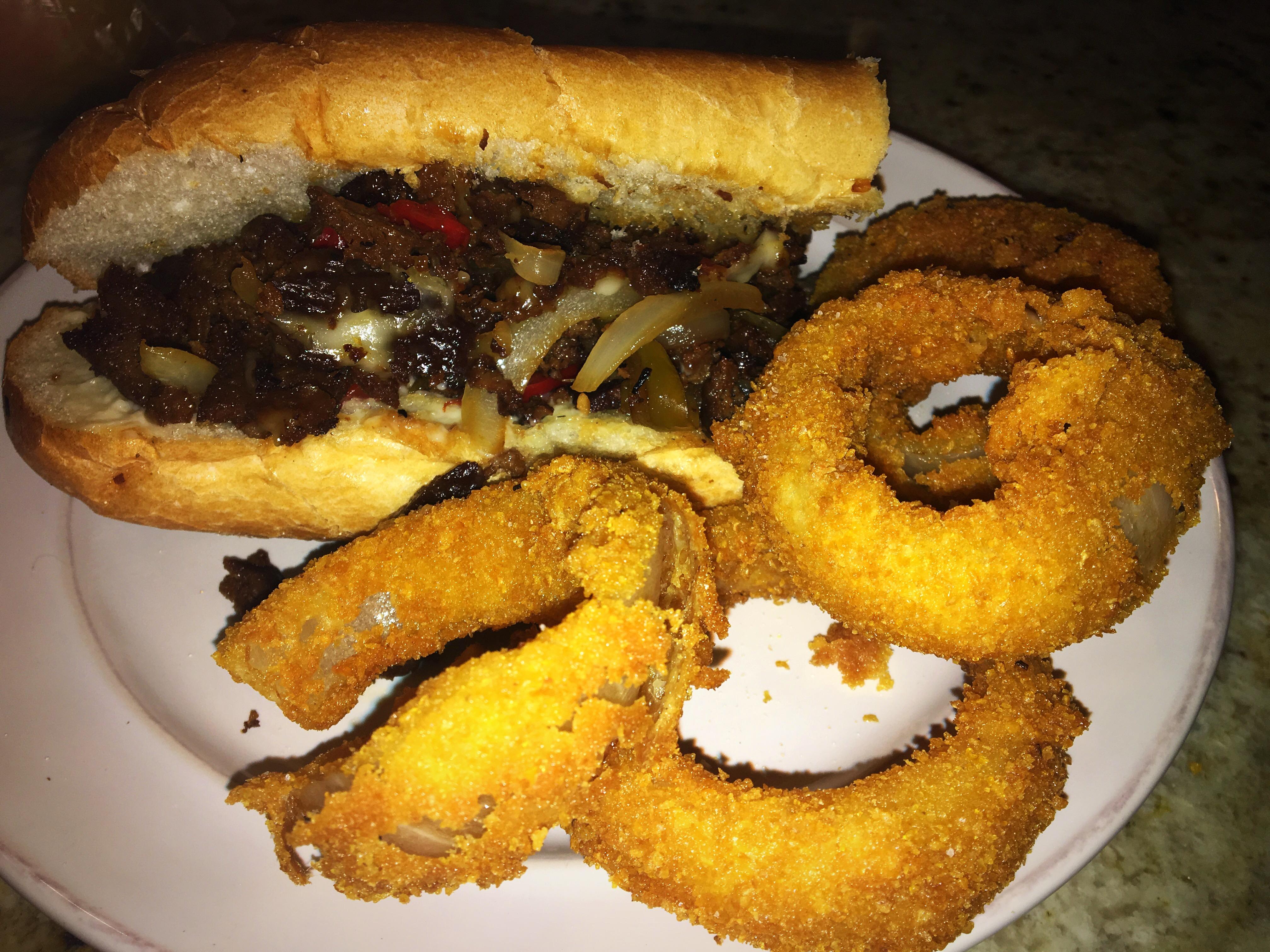 Homemade Seitan Cheesesteak and Onion Rings r/vegan