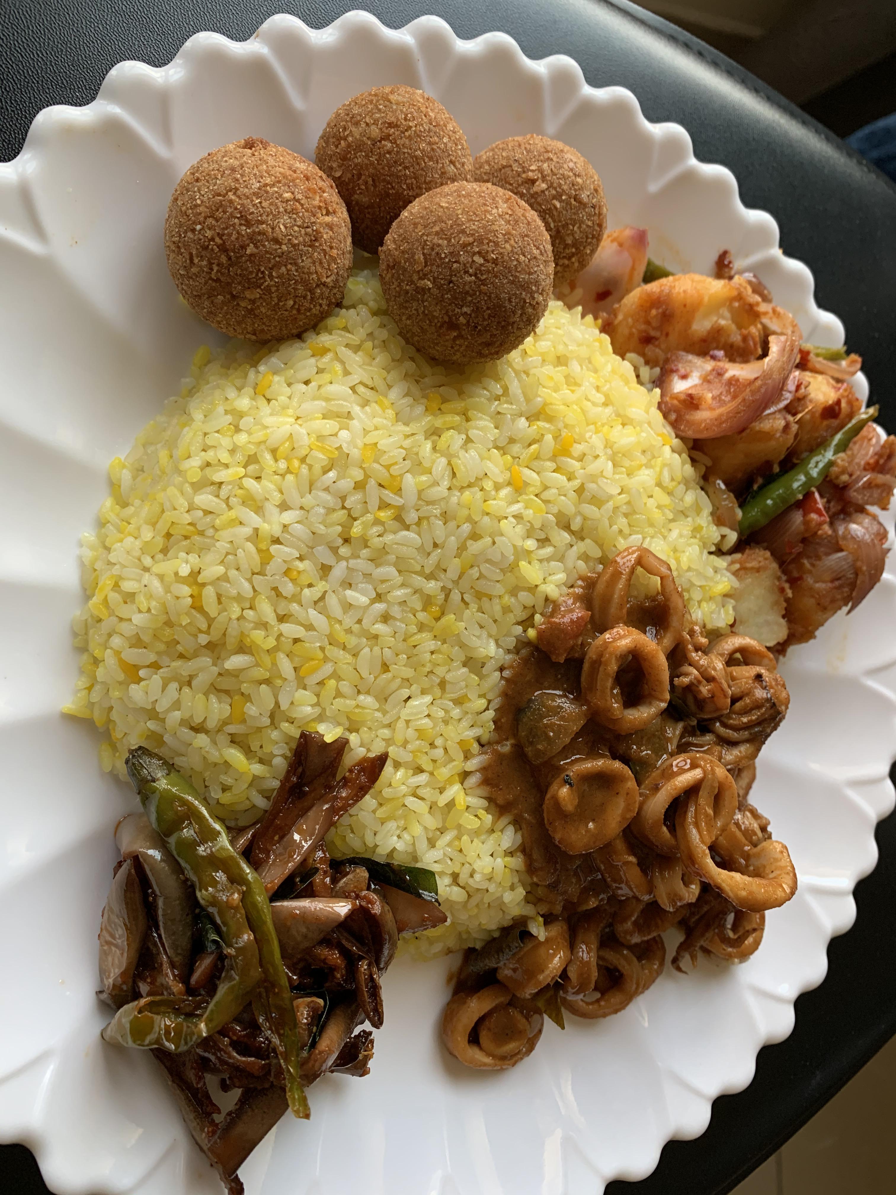 Food and more food Yellow Rice , Cutlet , Calamari Curry , Brinjal Moju , Potato Tempered r