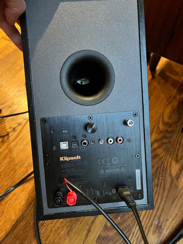 Back of Klipsch right speaker. The hookup of wires is for the left