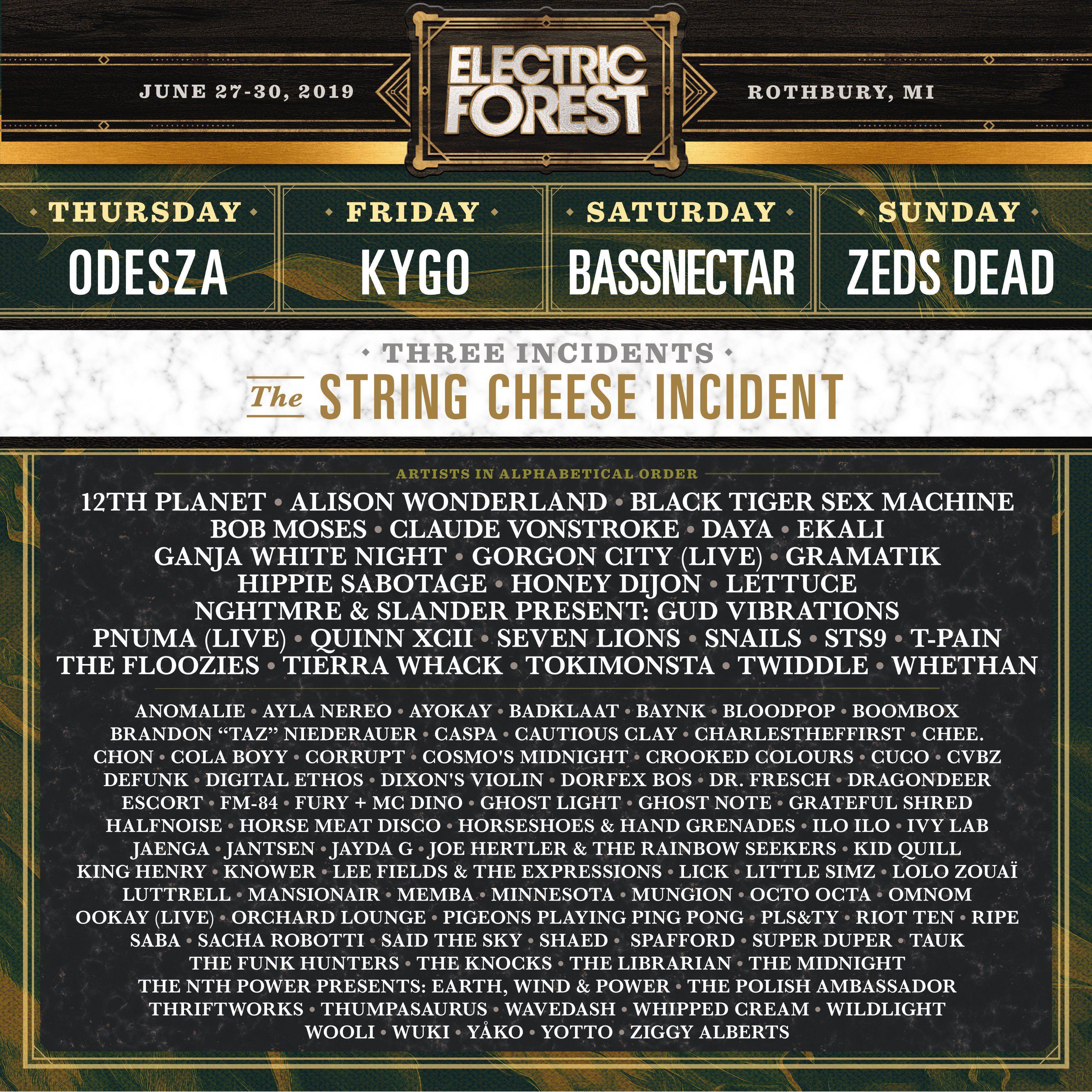 Electric Forest 2019 lineup with Odesza, Kygo, Bassnectar & Zeds Dead EDM