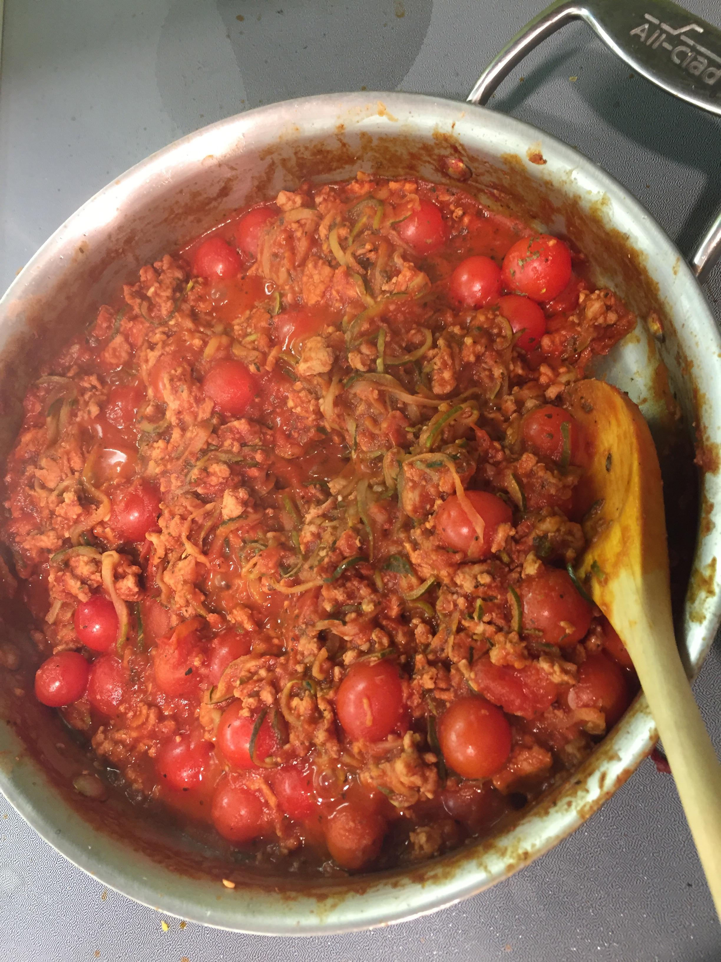 One pot "pasta" ground turkey, garlic, cherry tomatoes, tomato sauce
