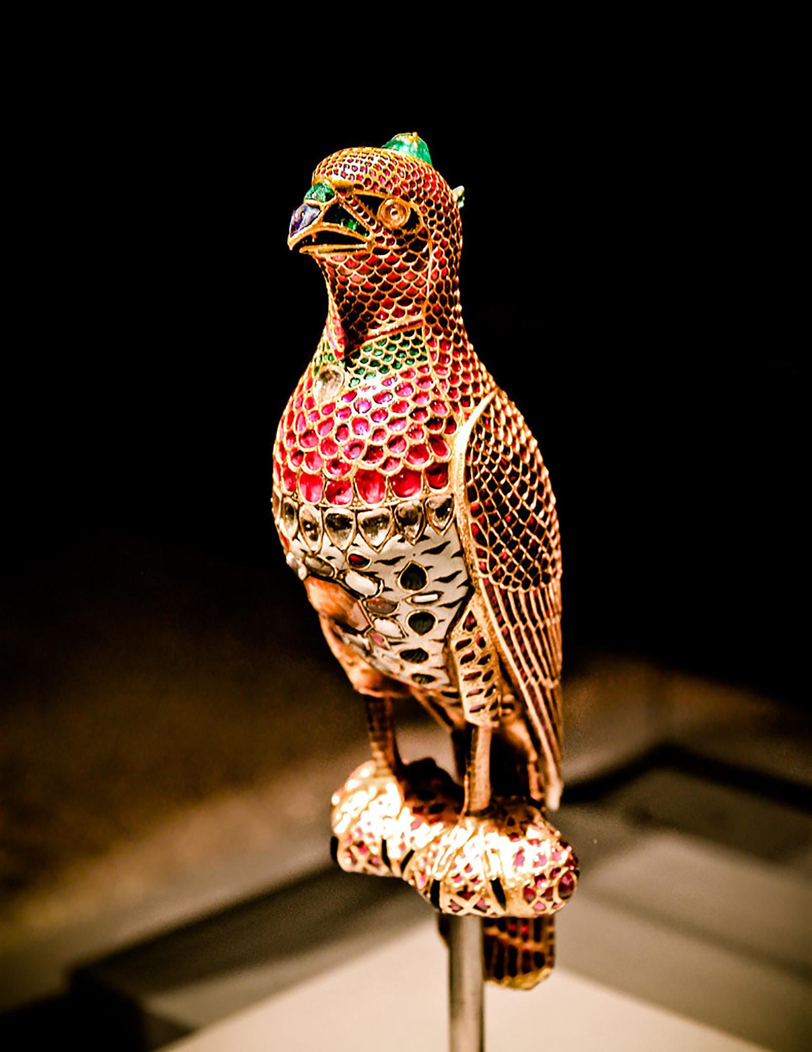 Mughal Jeweled Falcon. India. c. 1640 Gold with enamel, rubies