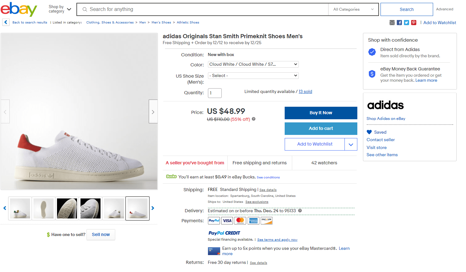 Ebay Adidas_Official Stan Smith White/Red Primeknit 48.99 (Size 7