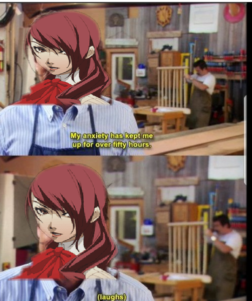 Mitsuru pretending she hasn't been up three days straight trying to