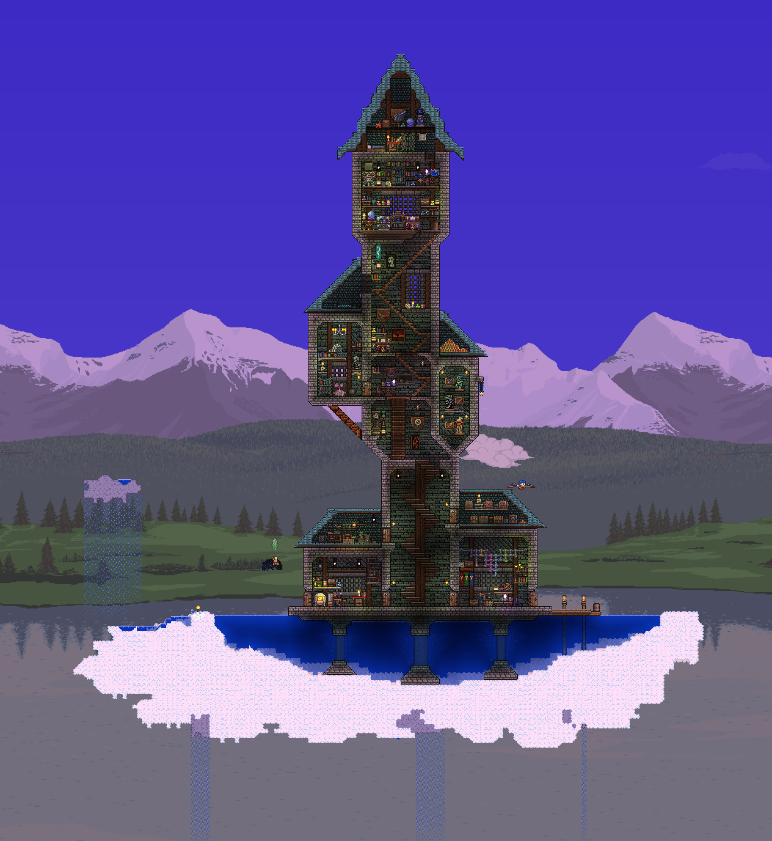 Wizard tower over a sky lake r/Terraria