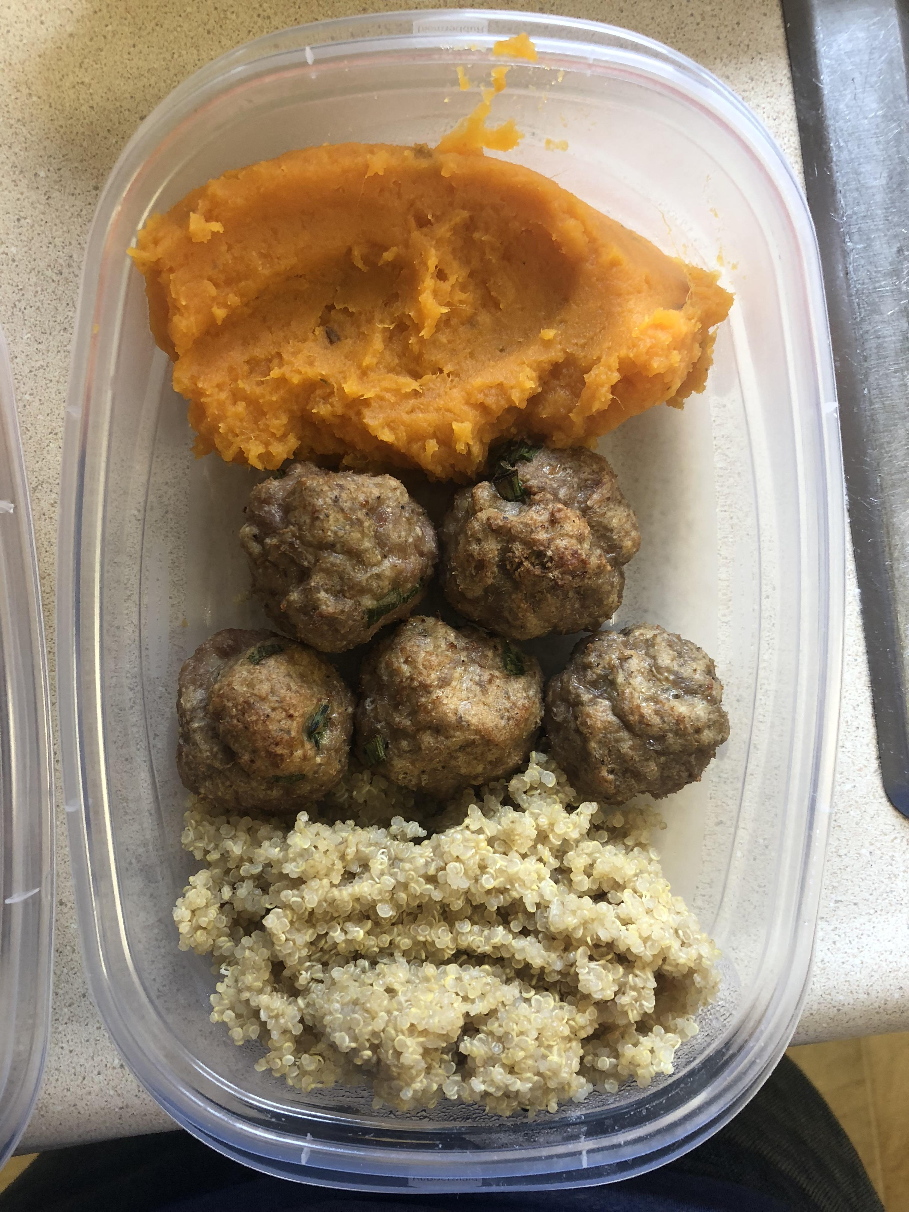 14 servings of turkey meatballs, mashed sweet potato, and quinoa. r