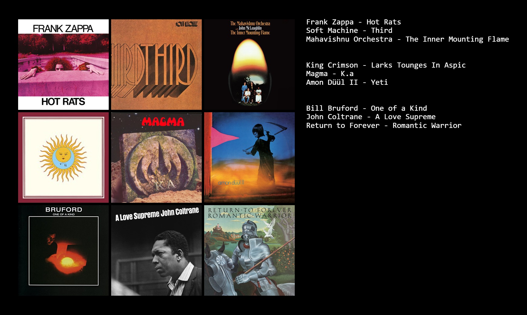 I need album based on this topster. Prog/Jazz/Fusion albums with long extended