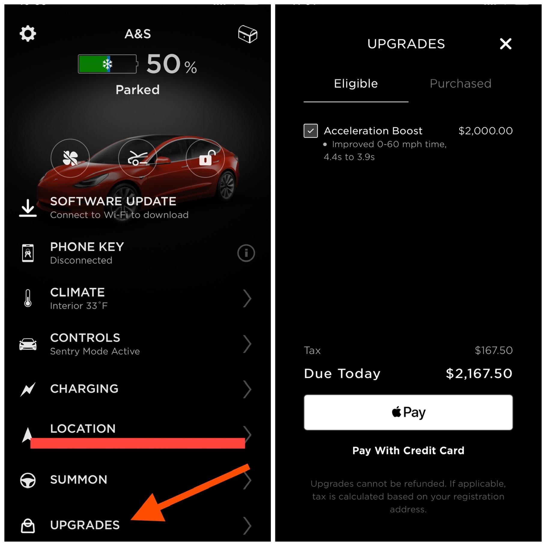 New upgrades tab on the Tesla app. Higher acceleration through OTA
