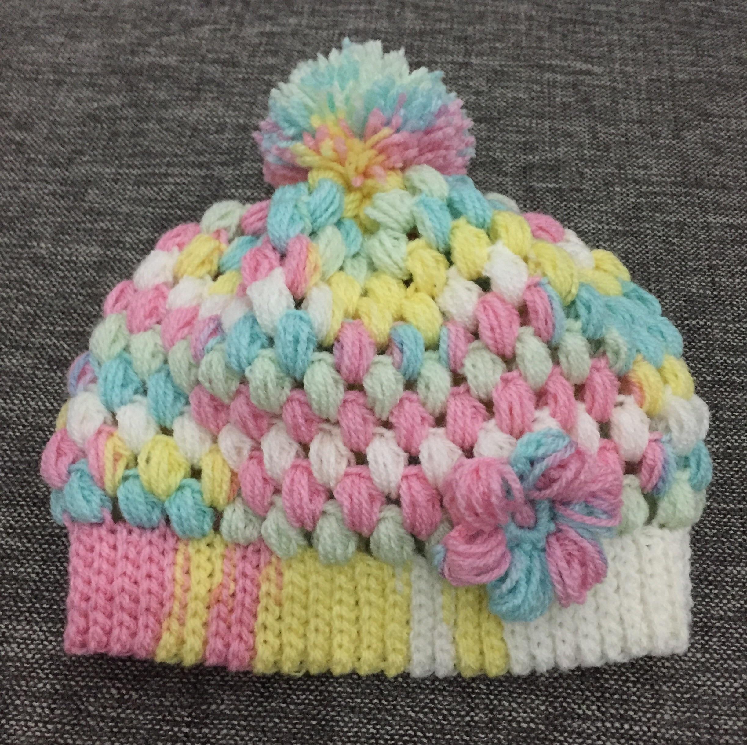 Rainbow colored puff stitch hat r/crochet